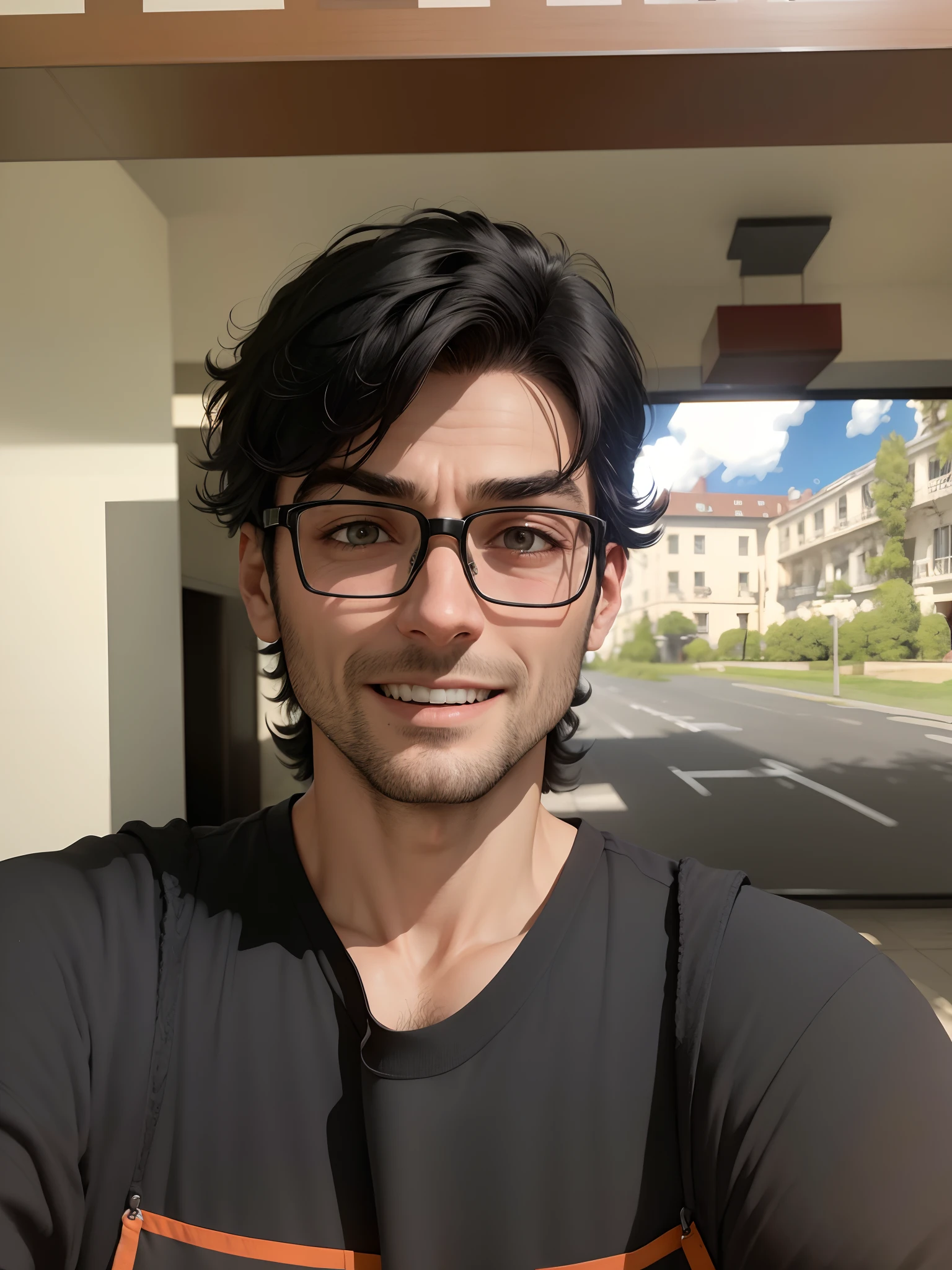 Realistic 8K, Portrait, (masterpiece: 1.4)  image of a thin 28-year-old man, with short black hair, wearing a black vest with a white blouse underneath, tense expression, walking in a decrepit hotel lobby. realistic face, smiling, grey back ground,