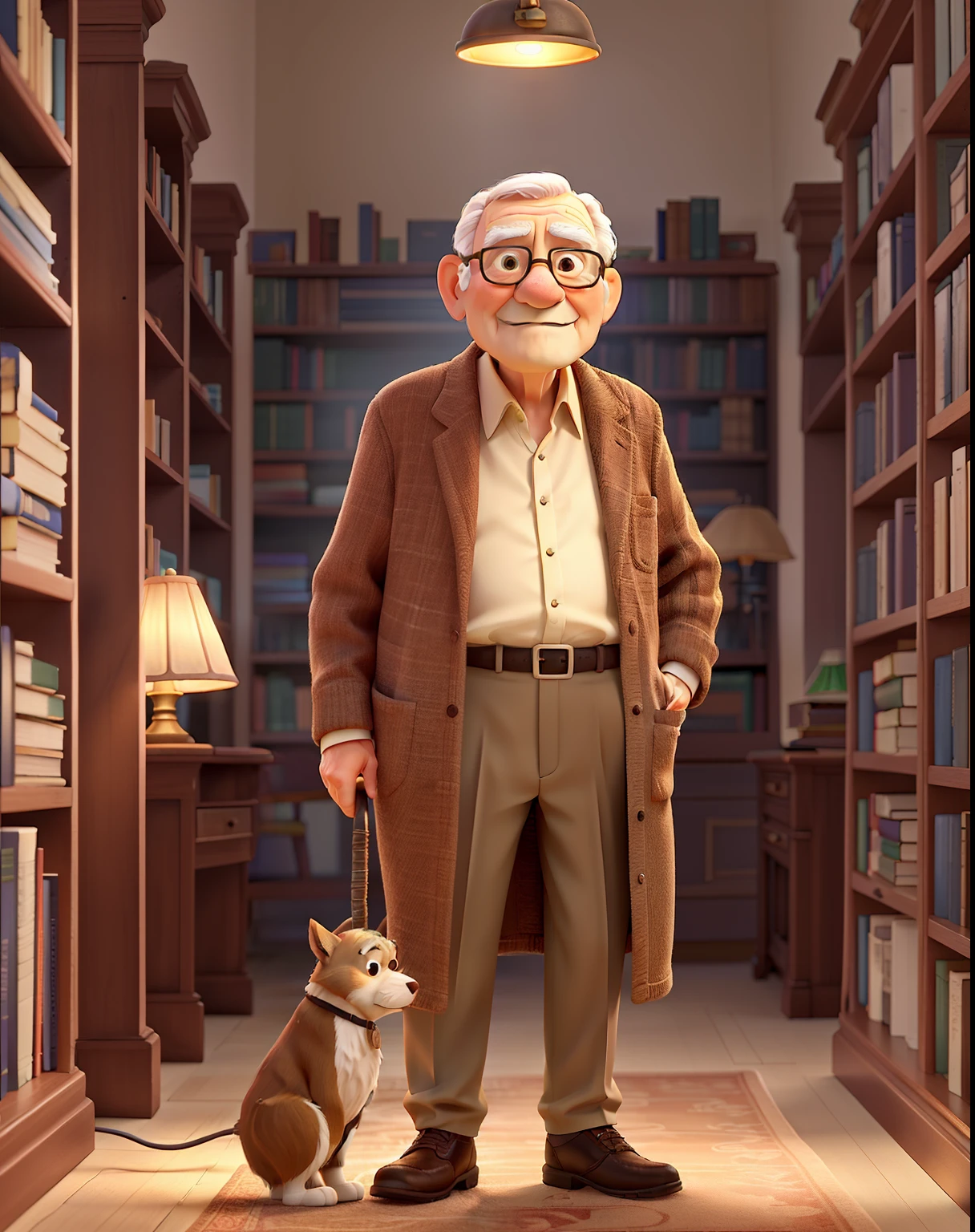 A wise old man standing in front, illuminated by the light of a lamp, against the backdrop of a library