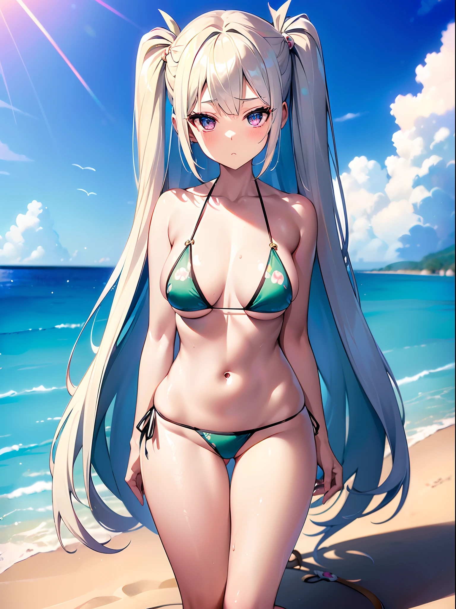 ((Best Quality)), (ultra-detailliert), ((Extremely detailed)), (Beautiful), ((Kawaii Girl)),(two side up hair)、((masutepiece)),Platinum Blonde Hair,Long hair, hair between eye, Wavy Hair, Long sideburns,Jade colored eyes, White skin,Normal Chest,Slender body,side tie bikini bottom、Sandals,in beach,One Woman,Anime