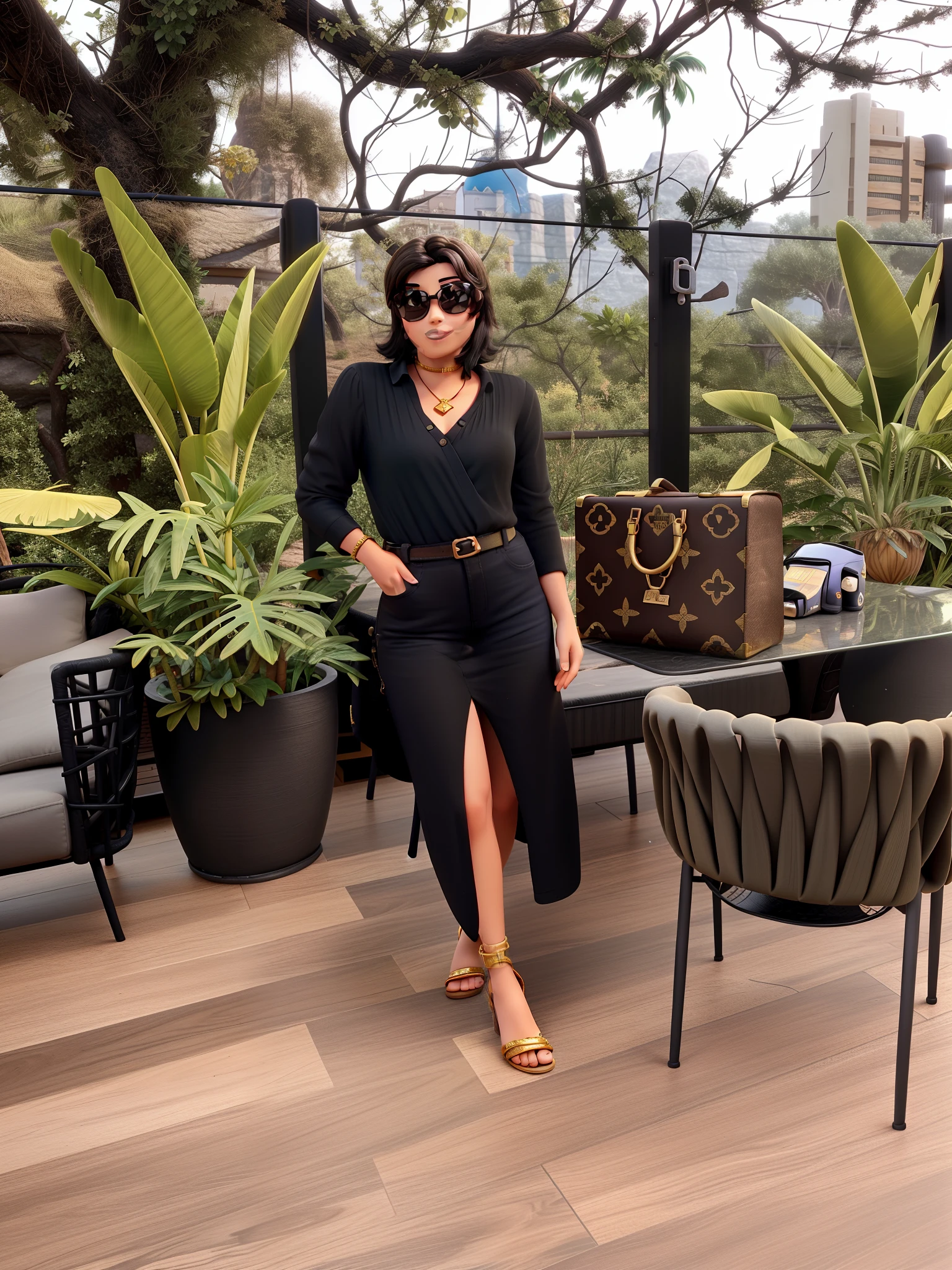 A brunette woman with short black hair and golden sandal sunglasses Disney pixar style High quality best quality