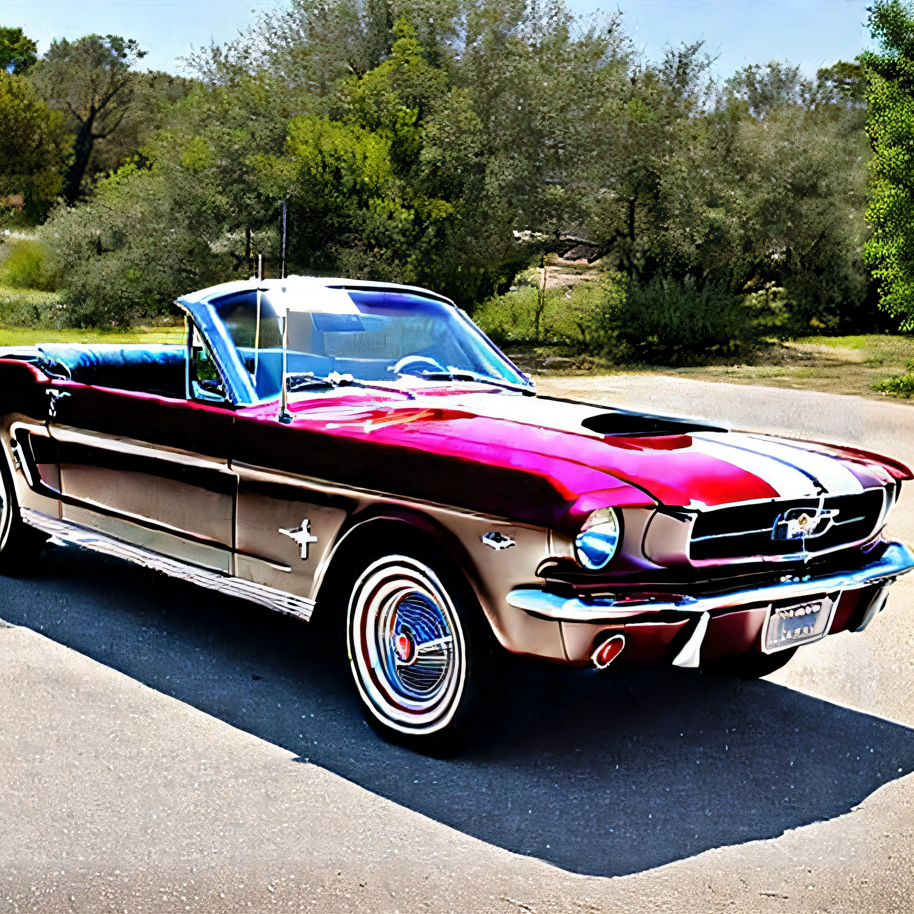 The tree々Araphedo Mustang convertible car parked in parking lot in the background, mustang, 1 9 6 5 Lightning, 1961", Dirty Antique Copper Car Paint, convertable, Brushed Rose Gold Car Paint, hali々and classic look, convertable, classic car, restored, Ernie Swekel, by Douglas Shuler, Jim Nelson, Muscle