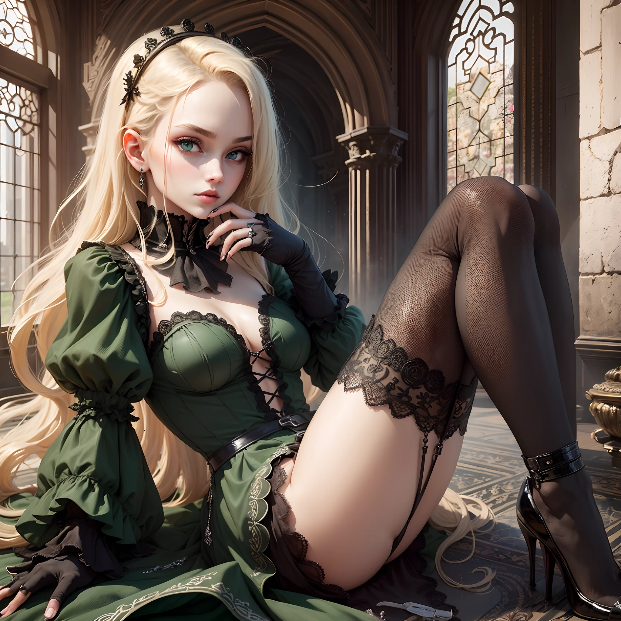 1 girl, young, beautiful, dark green eyes, blond hair, palace, Gothic style of architecture, thin physique, vulgarity. --auto --s2