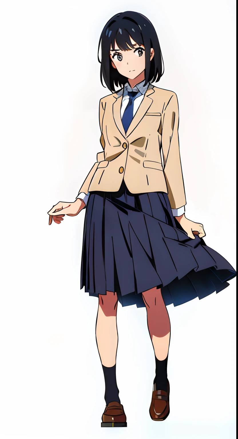(white background:1.1), (best quality:1.4), (masterpiece:1.4), (full body:1.0), (solo:1.0), (a 18yo cute girl:1.3), (long skirt:0.9), (dark blue skirt:1.0), (pleated skirt:1.1), (school uniform beige blazer:1.1), (dark blue necktie:1.0), (black socks:1.0), (loafers:1.0), (lanky:0.9), (tall:0.9), (slender:1.1), (small breasts:0.9), (detailed beautiful eyes:1.0), (detailed beautiful face:1.0), (glowing black eyes:1.0), (short hair:1.0), (strait hair:1.0), (black hair:1.0), (standing:1.0), (looking at viewer:1.0)