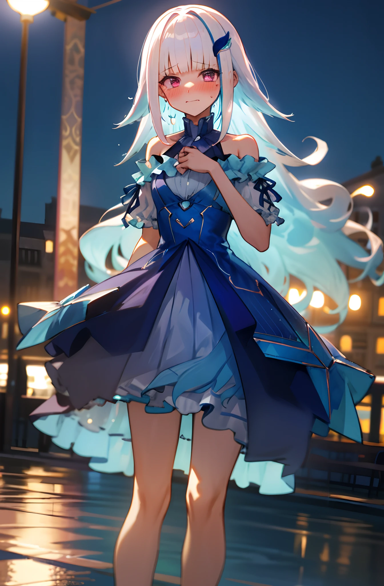One girl with long wavy hair, white hair, looking at viewer, embarrassed, blushing, tears, outdoor , bare shoulders, blue dress, perfect waist, night atmosphere, standing, hair ornament, blue heels, cowboy shot