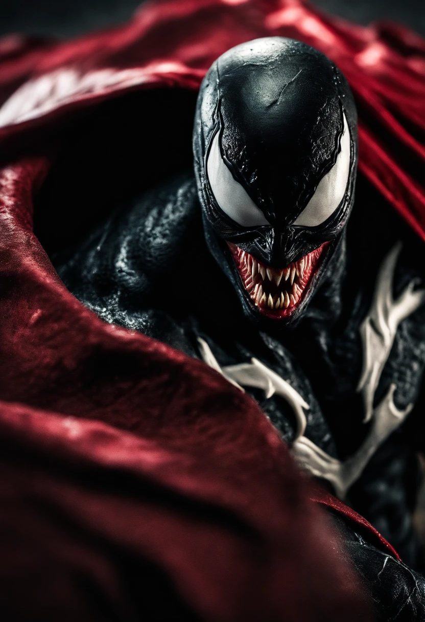 Venom in slime form combined with Superman, evil, enemy, red and black torn cape