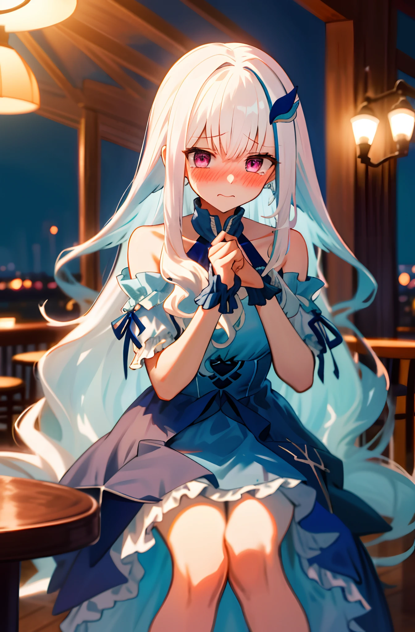 One girl with long wavy hair, white hair, looking at viewer, embarrassed, blushing, tears, indoor , bare shoulders, blue dress, perfect waist, sit on, cafe, restaurant, night atmosphere, hair ornament
