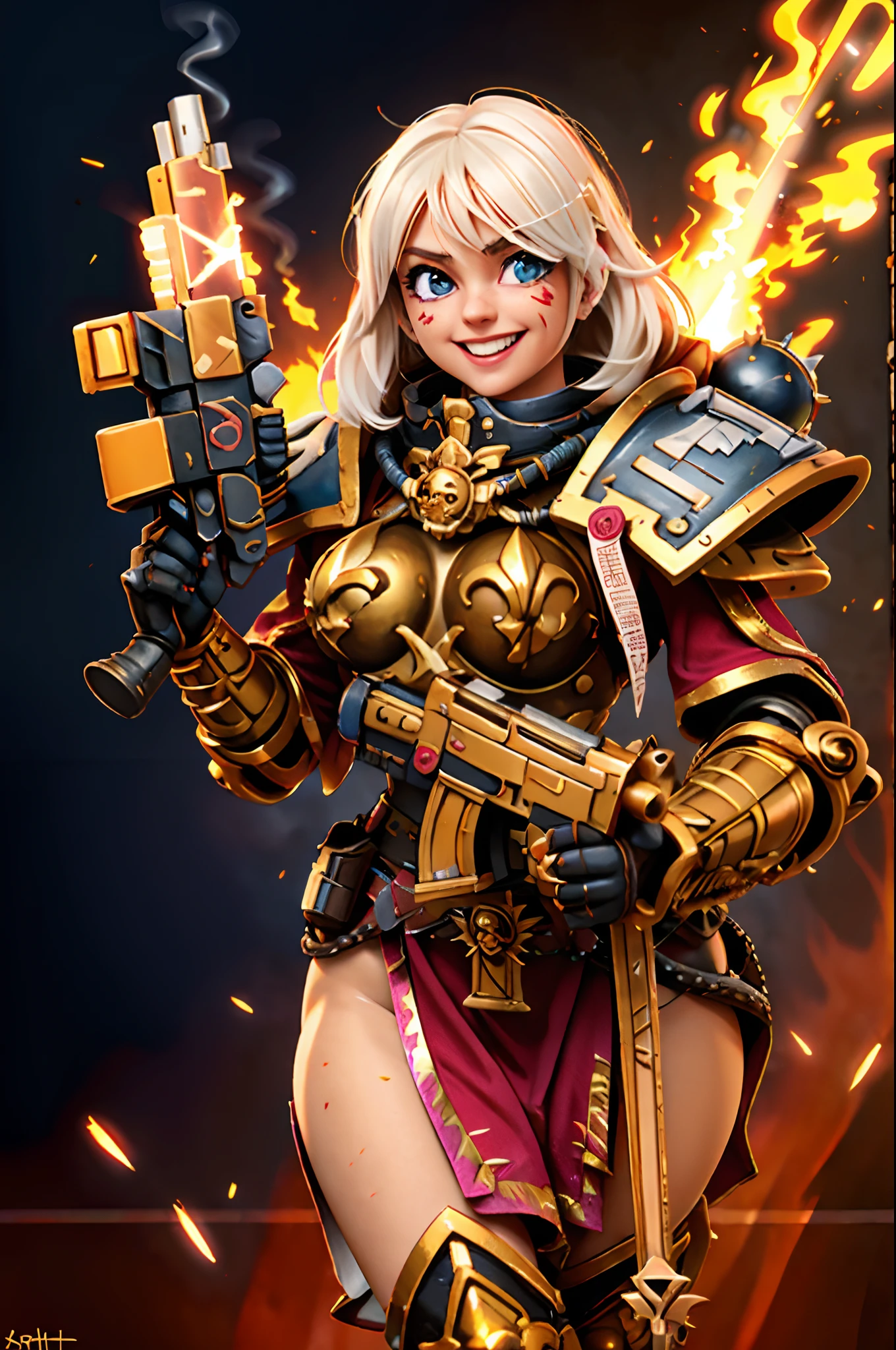 Hdr, (Photo brute, hyperdetailed:1.15), (couleur chaude:1.2),
1fille, (fond blanc, sourire diabolique:1.45), Fire & Smoke, Polished gold-plated metal, Warhammer 40k,
holding gun,