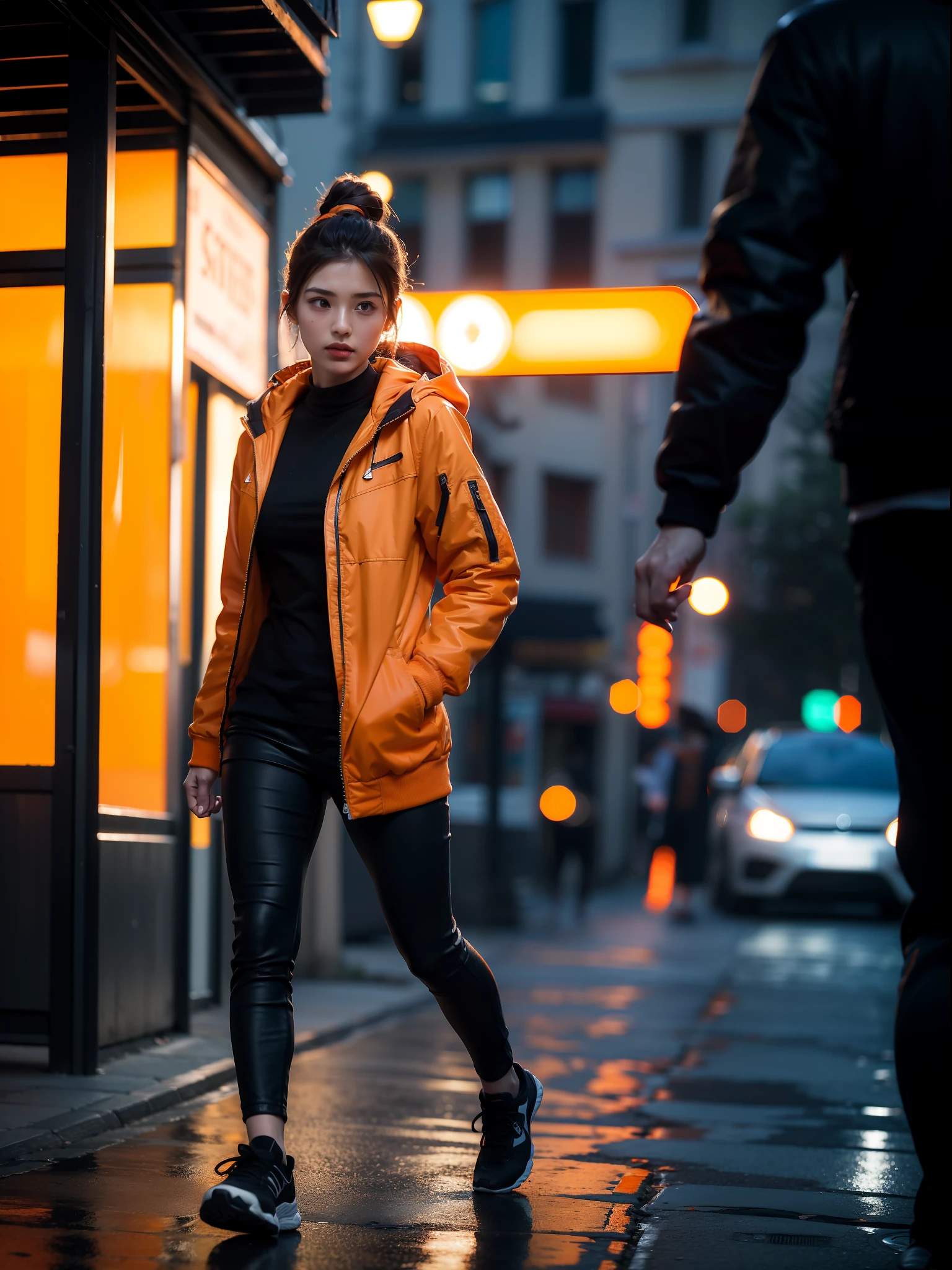 (blurred orange bokeh background, dark and moody orange settings, street photography, full body, orange jacket, dynamic poses) (best quality, ultra-detailed, photorealistic:1.37), HDR, vivid colors, sharp focus, realistic