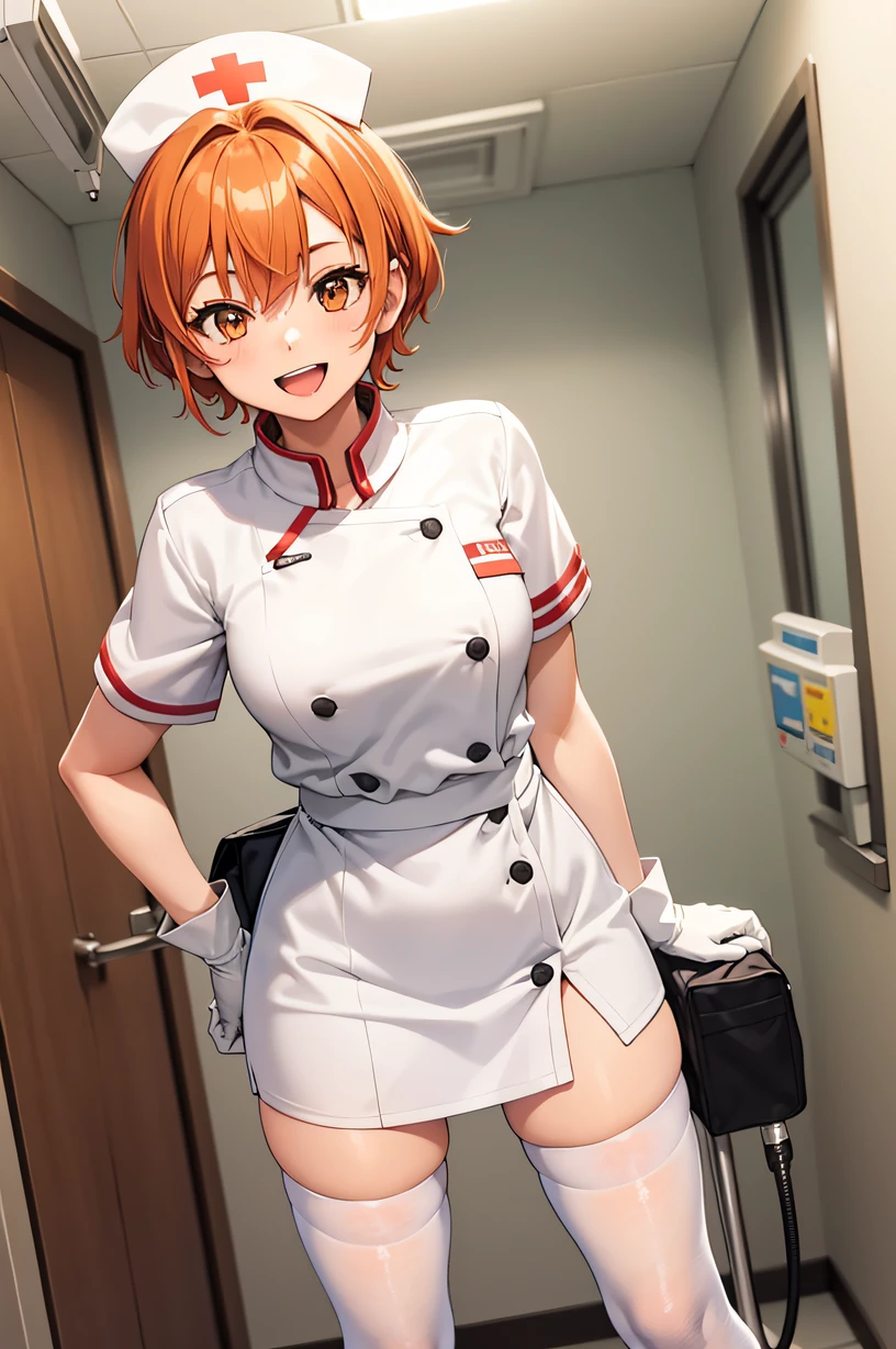 1girl, solo, nurse, nurse cap, white wear, ((white legwear, zettai ryouiki)), white gloves, very short hair, orange hair, smile, open mouth, standing, ((hospital room)), sharp outline, short sleeves, tomboy, boyish, best quality, masterpiece