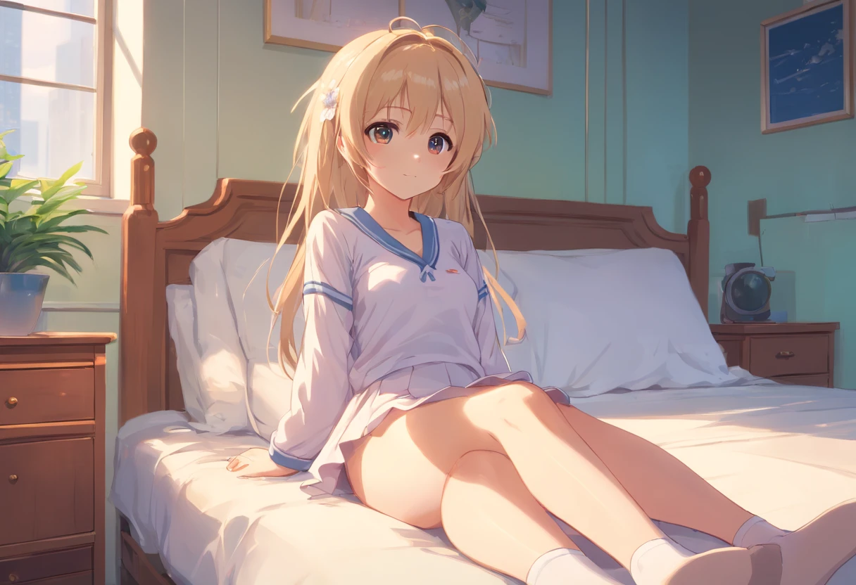 Cute loli,long whitr hair,Leaky shoulders,Barefoot,head looking up,Lie on the bed,Raise your feet,shift dresses,white panties,largeeyes,Anime cute face,Loli,long white socks,Lift the skirt,huge tit naked