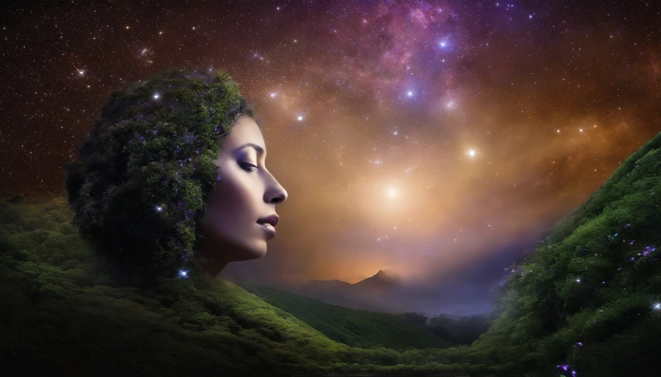 Human face in deep meditation, com a boca aberta, serenidade, aura brilhante e sutil, universo em AZUL e violeta, Stars and galaxies, macio, ethereal clouds, connectedness, roots in the earth, branches to the starry sky, tons amarelados, serenidade, cosmic harmony