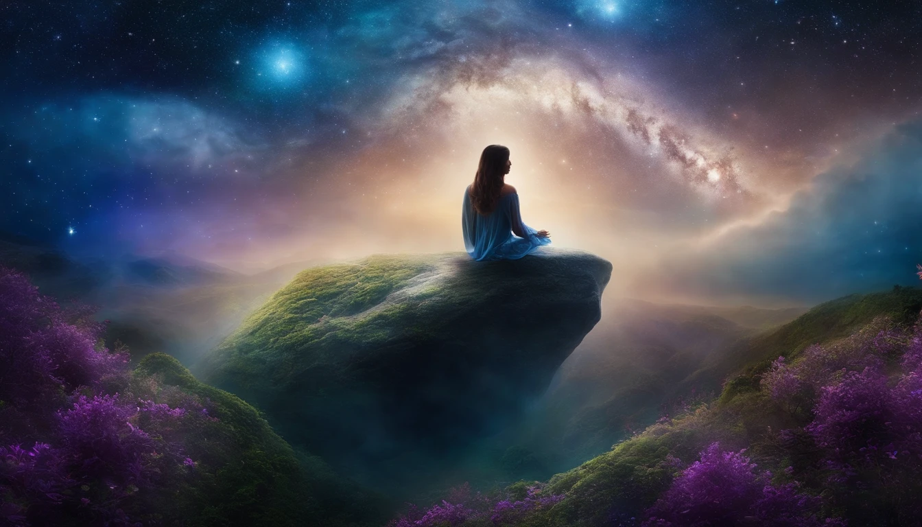 Human face in deep meditation, com a boca aberta, serenidade, aura brilhante e sutil, universo em AZUL e violeta, Stars and galaxies, macio, ethereal clouds, connectedness, roots in the earth, branches to the starry sky, tons amarelados, serenidade, cosmic harmony