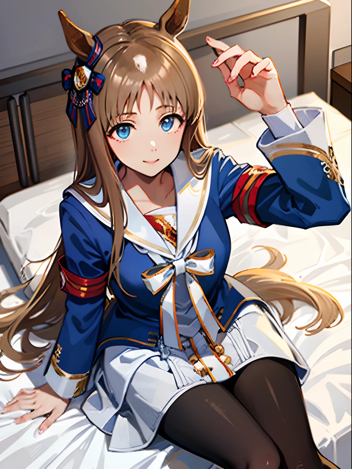 grass wonder \(Umamusume\), 1 girl, Solo, Best Quality, masutepiece, 8K, High resolution, Ultra-detailed, Sitting on the bed, bed sheet, lightsmile, Blue jacket, White sailor color, Long sleeves, White skirt, Black pantyhose,