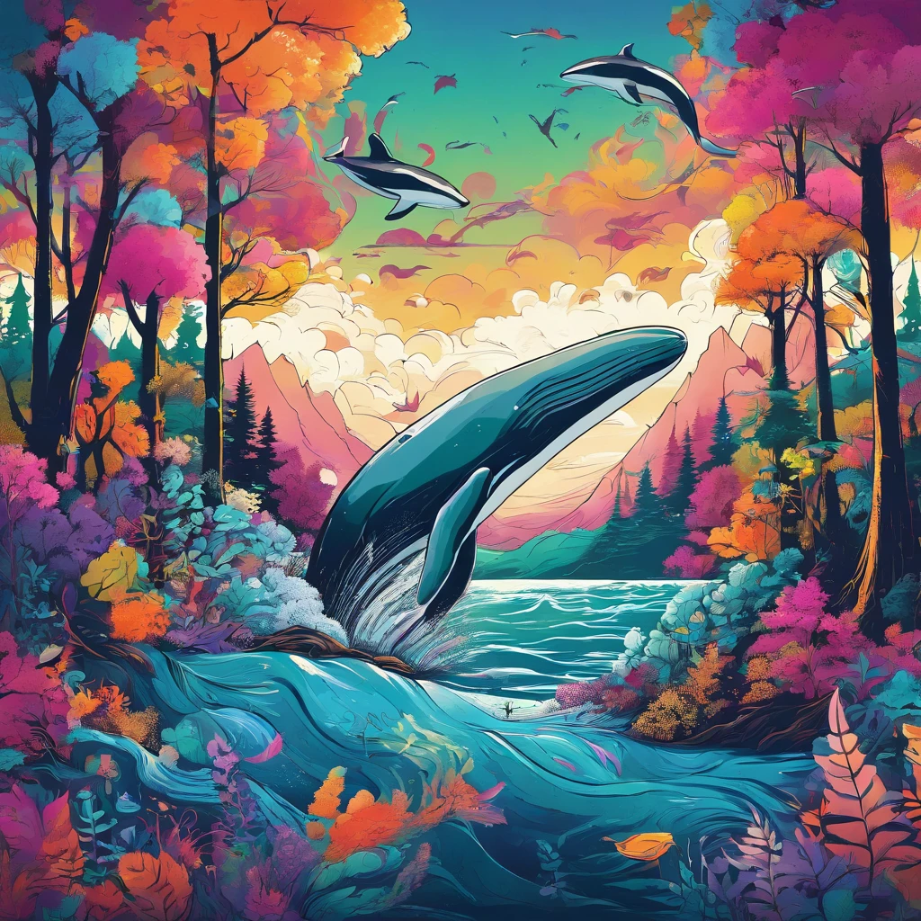 Fantastic atmosphere, Whales floating in the air, Fantastic forest background,The whale has two fins in the direction of its tail
