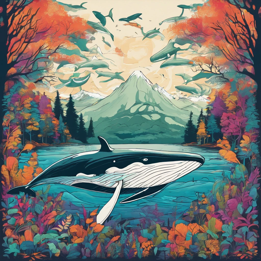 Fantastic atmosphere, Whales floating in the air, Fantastic forest background,The whale has two fins in the direction of its tail