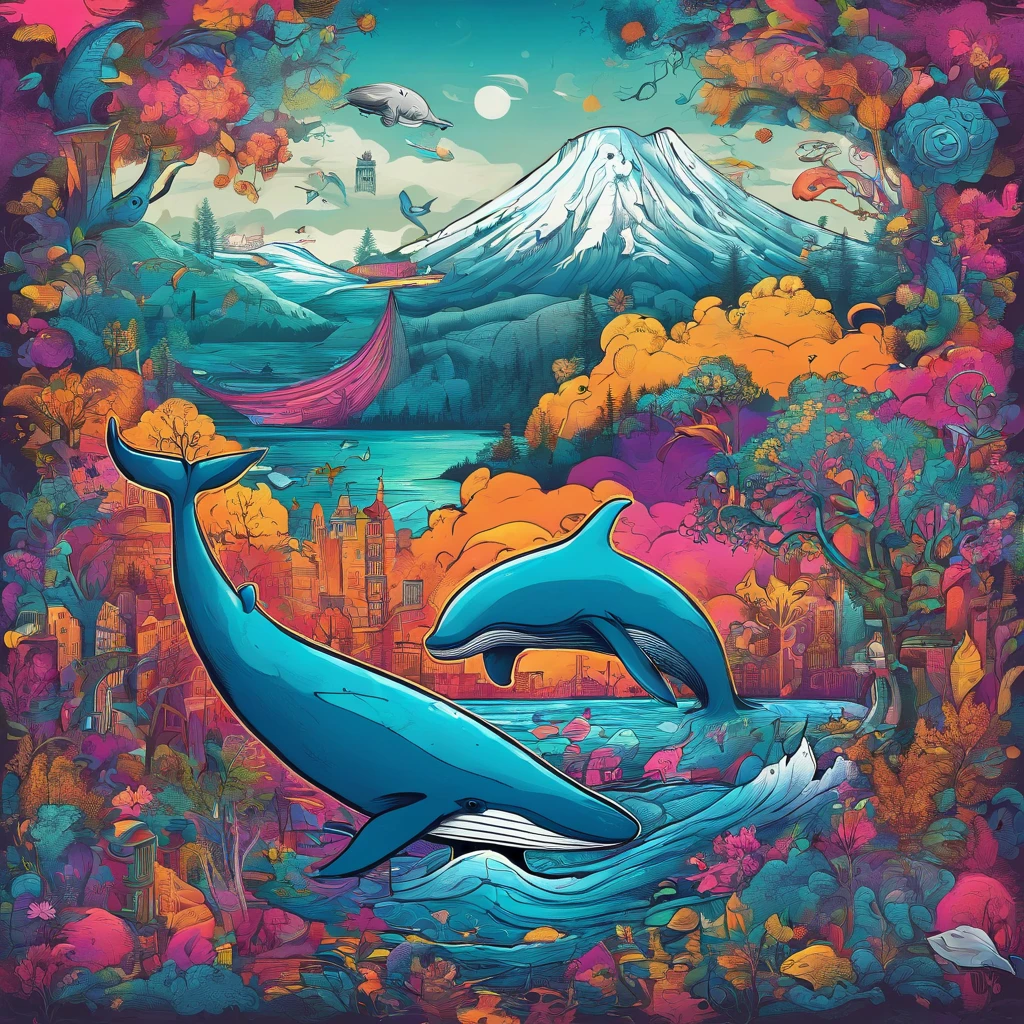 Fantastic atmosphere, Whales floating in the air, Fantastic forest background,The whale has two fins in the direction of its tail