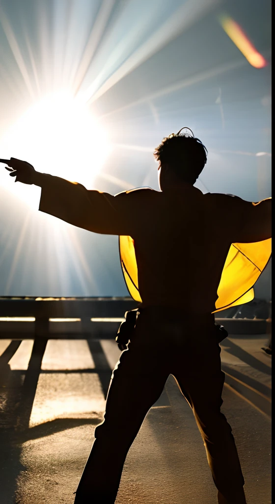 In the battle scene、The image depicts the back of a macho person who is enduring a frontal ray of light and a ray attack with his arms spread out in large letters with his whole body