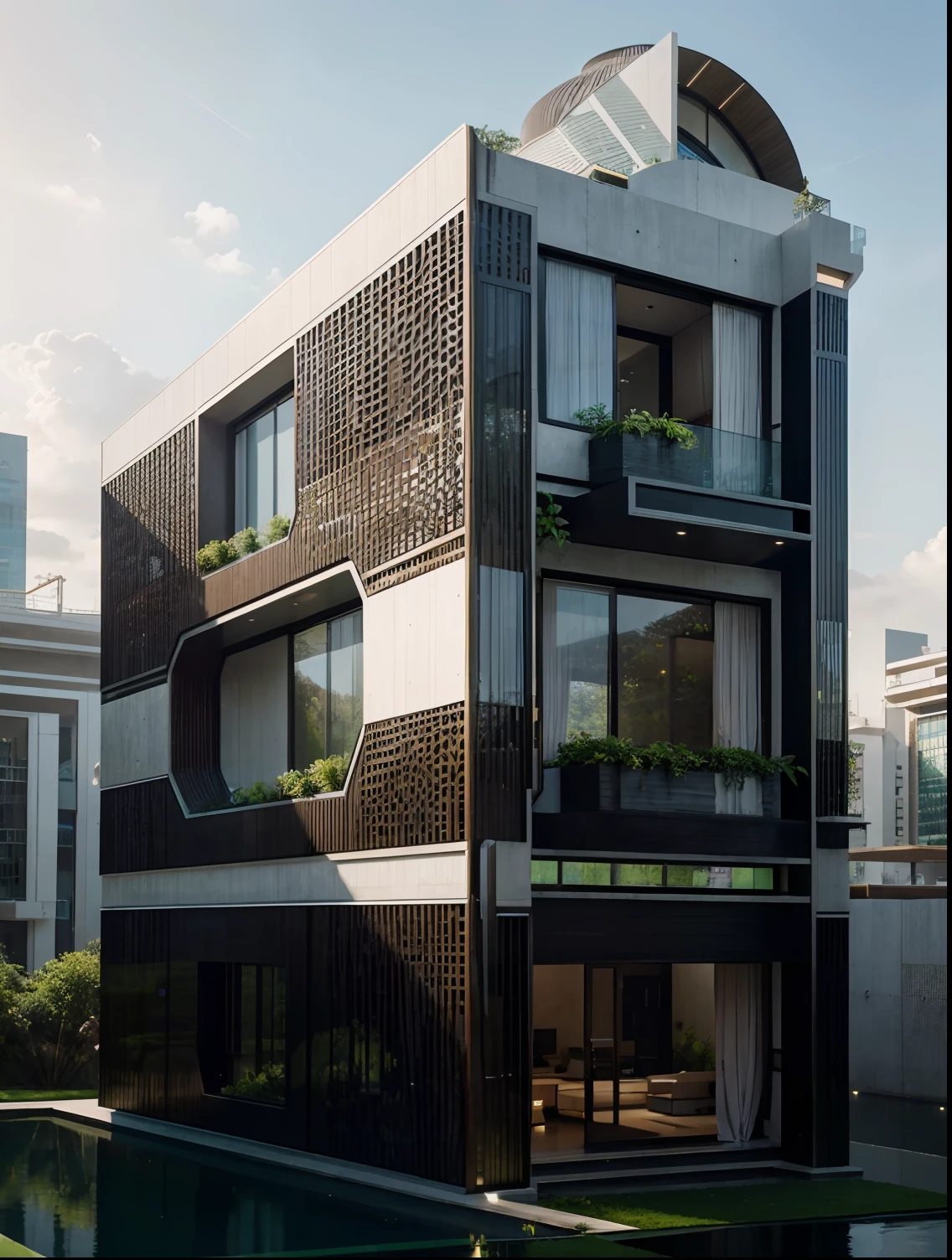 House, Science Fiction, modern futuristic design, futuristic, a artificial and a pond with colorful flowers in the middle, nature meets architecture, realistic beehive architecture, organic architecture, Reality very close to real nature, breathtaking render, forest, advanced civilization technology,stunning architecture, luxury architecture, realistic fantasy render, by Zha Shibiao, epic and stunning, architectural visualization, epic architecture, concept art,