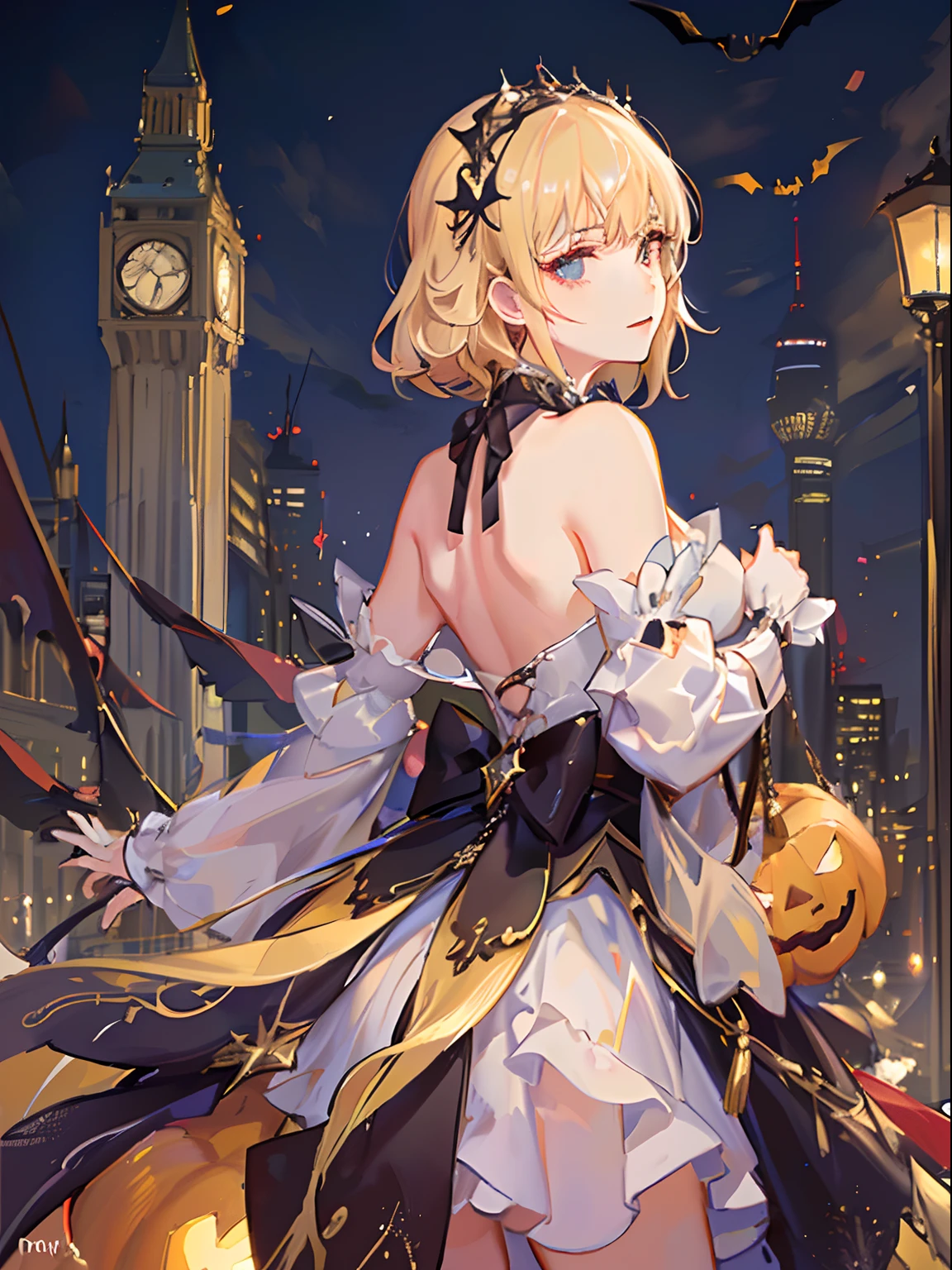 Holding a jack-o'-lantern in hand, Medieval European cityscape on Halloween, Blonde girl in pearl pink dress, Her hair runs down her back, Transparent cloth dress shimmering in the light.