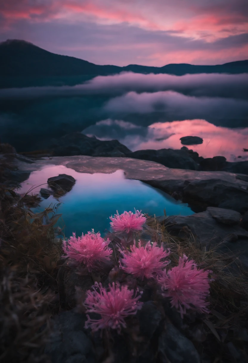 horizon, blue flower rain, fire painting,transparent blue lake，pink coral,extra-wide vision,best quality,official art