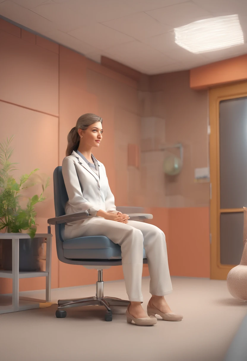 A 30-year-old female patient sits in a chair in an outpatient consultation room