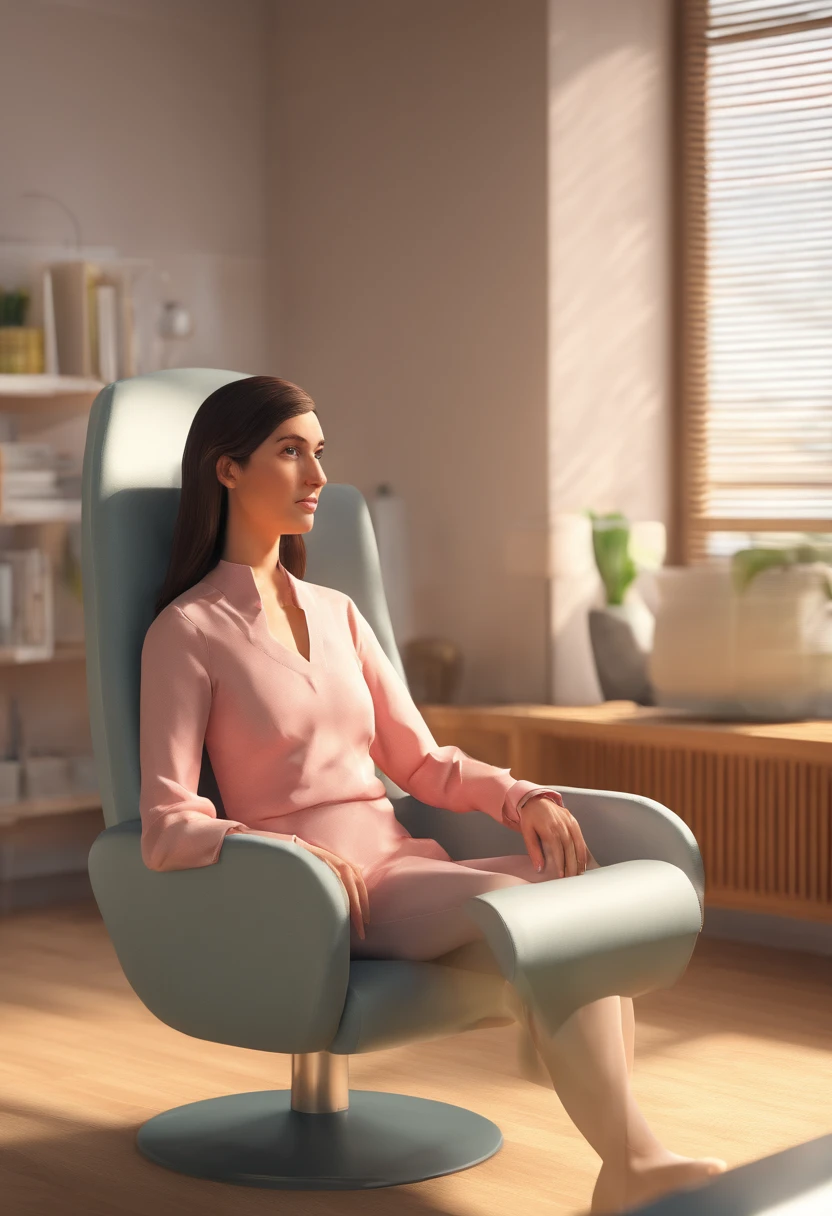 A 30-year-old female patient sits in a chair in an outpatient consultation room