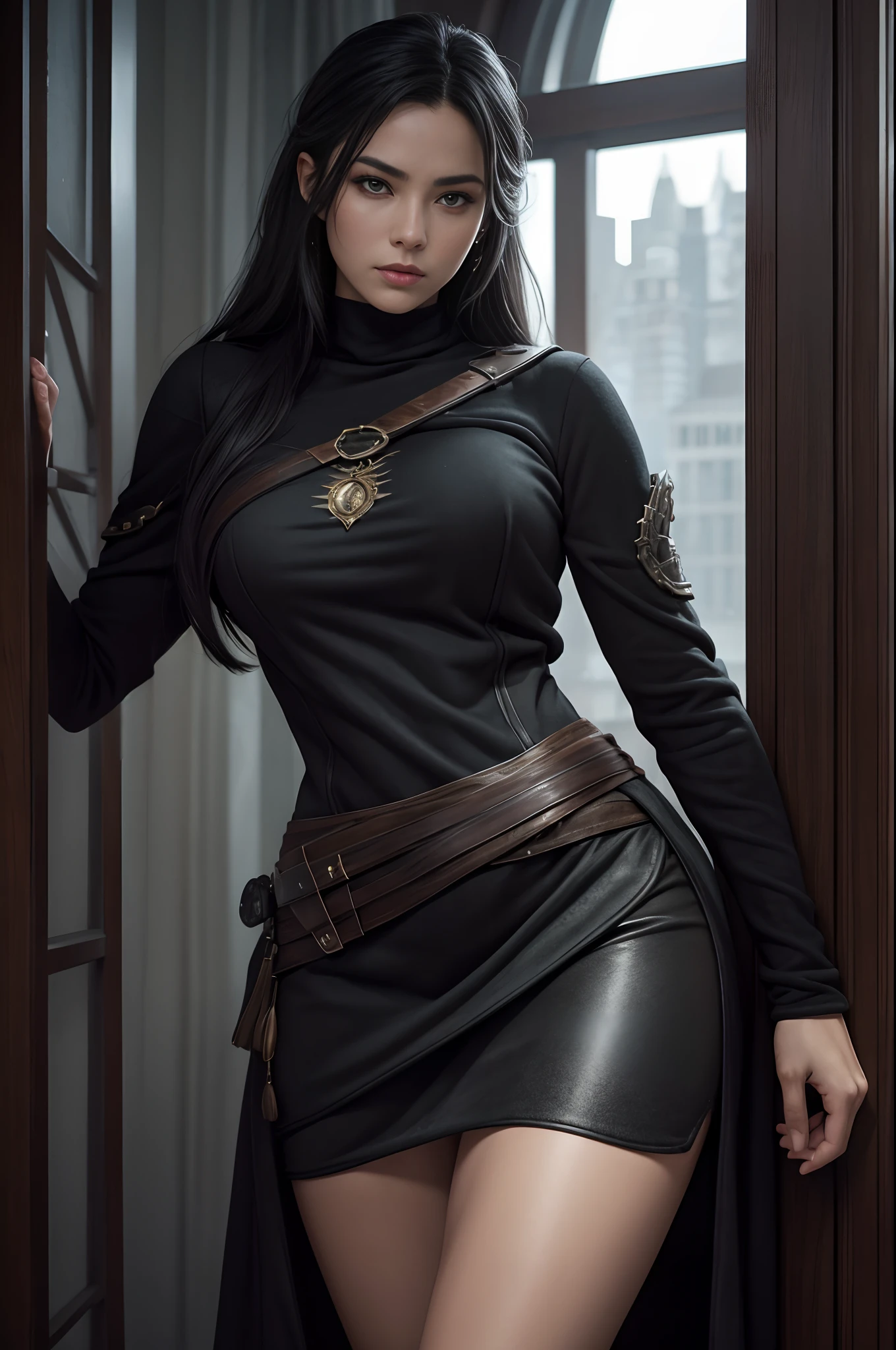8K,Mature Thief Woman、(The skin:1.1)、(fleece:1.2)、North Shore、interiors、(ArtStation:1.2)、(Realism of the epic:1.3)、(HDR:1.4)、(violetshot:0.7)、intricate detailes、(Rutkowski:0.8)、Convoluted、Cinematic、detaileds、Subdued Color、Super beauty(Like the real thing),超A high resolution,real looking skin,Beautiful expression,Black tight skirt