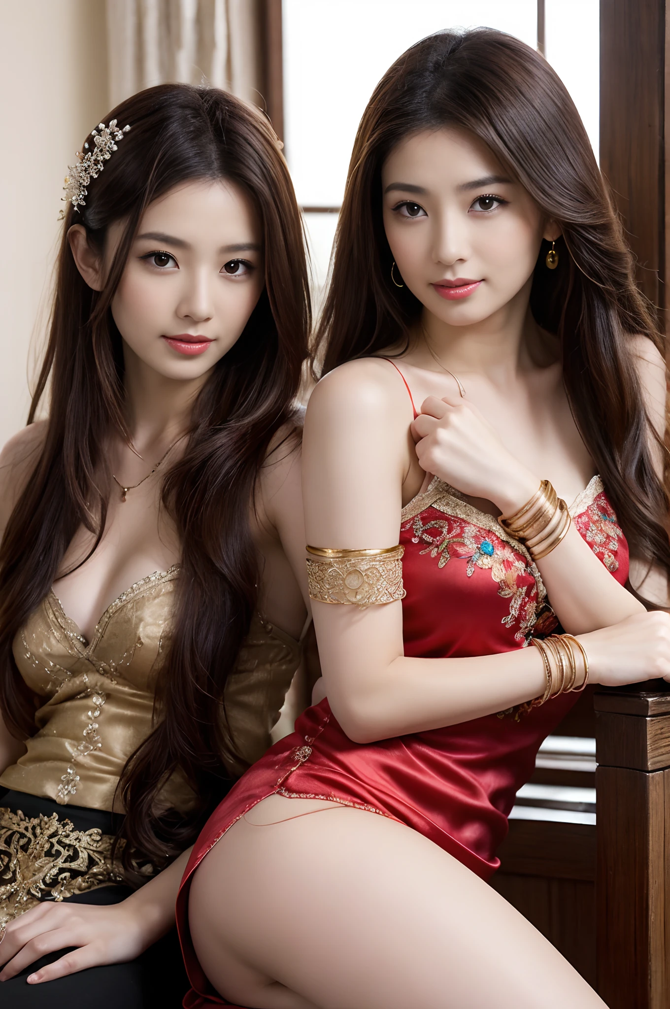 The proportions are the same for all races, All faces and pictures must be different,Portraits of two vibrant exotic goddesses,Silk lace,Embroidery,armlets, bangle:1.3,Ancient hair accessories,