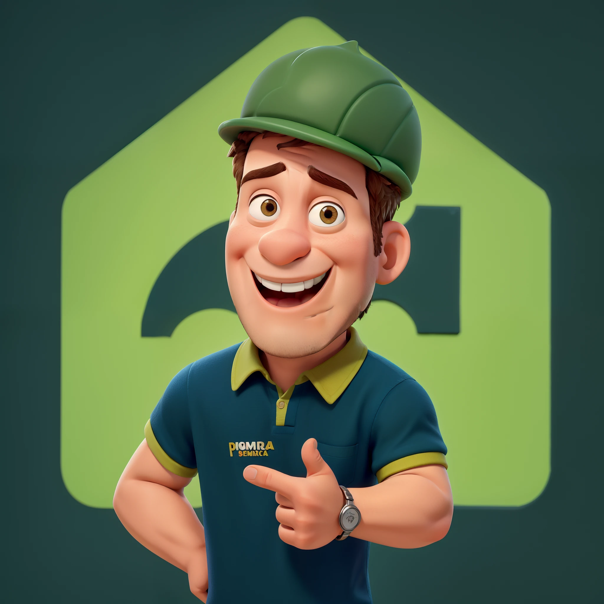 Um homem com cor de pelo clara, esta ventindo camisa de gola com o simbolo no seu peito escrito ferragens luizinho, ele usa relogio e esta sorrindo estilo disney pixar, alta qualidade, melhor qualidade