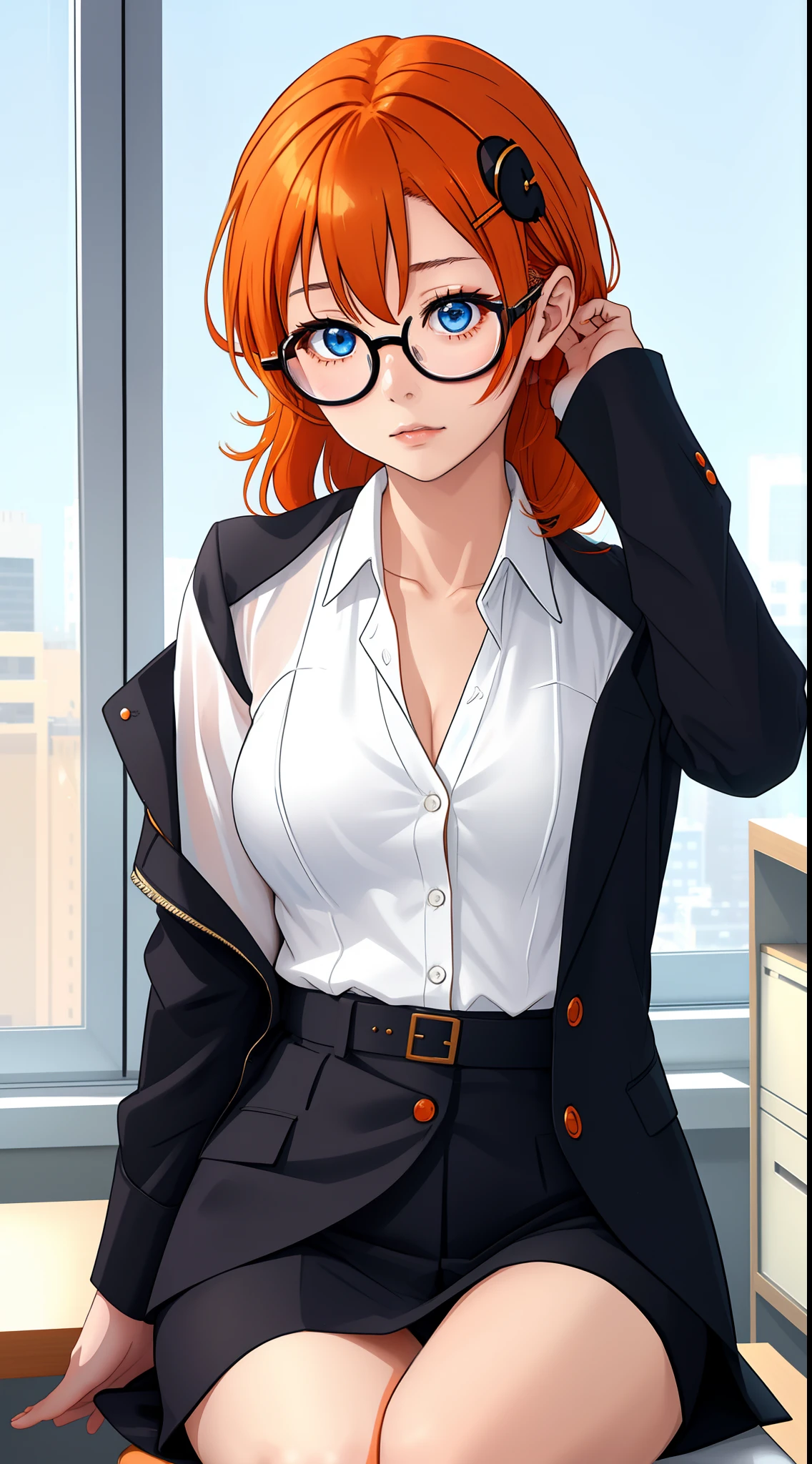 Kousaka honoka, black suit jacket, formal clothes, white top,rectangular glasses, hair ornament, sitting in office, orange hair, blue eyes, (sexy lips:0.7), skinny,skin tight