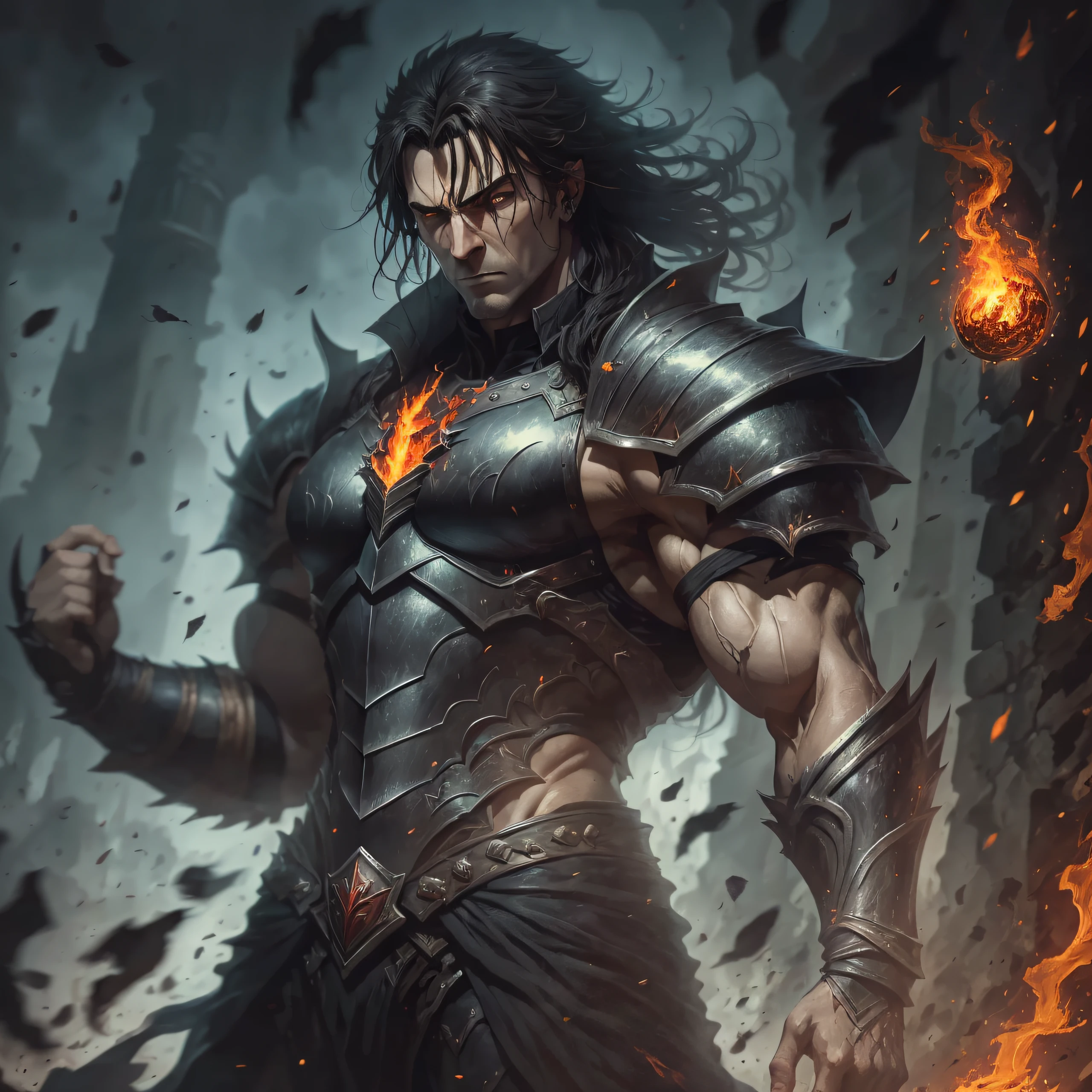 Mordred a dark socercer , (Masterpiece:1.2), (Best Quality), Detailed, UHD, sharp focus, (illustration:1.1), intricate, tall and imposing figure with dark hair, piercing black eyes, muscular and athletic, with a broad chest and powerful shoulders, dressed in black armor,carries himself with an air of menace, a scar on his face, often seen as a symbol of his dark nature and his twisted ambitions throwing fireball and preforming magic