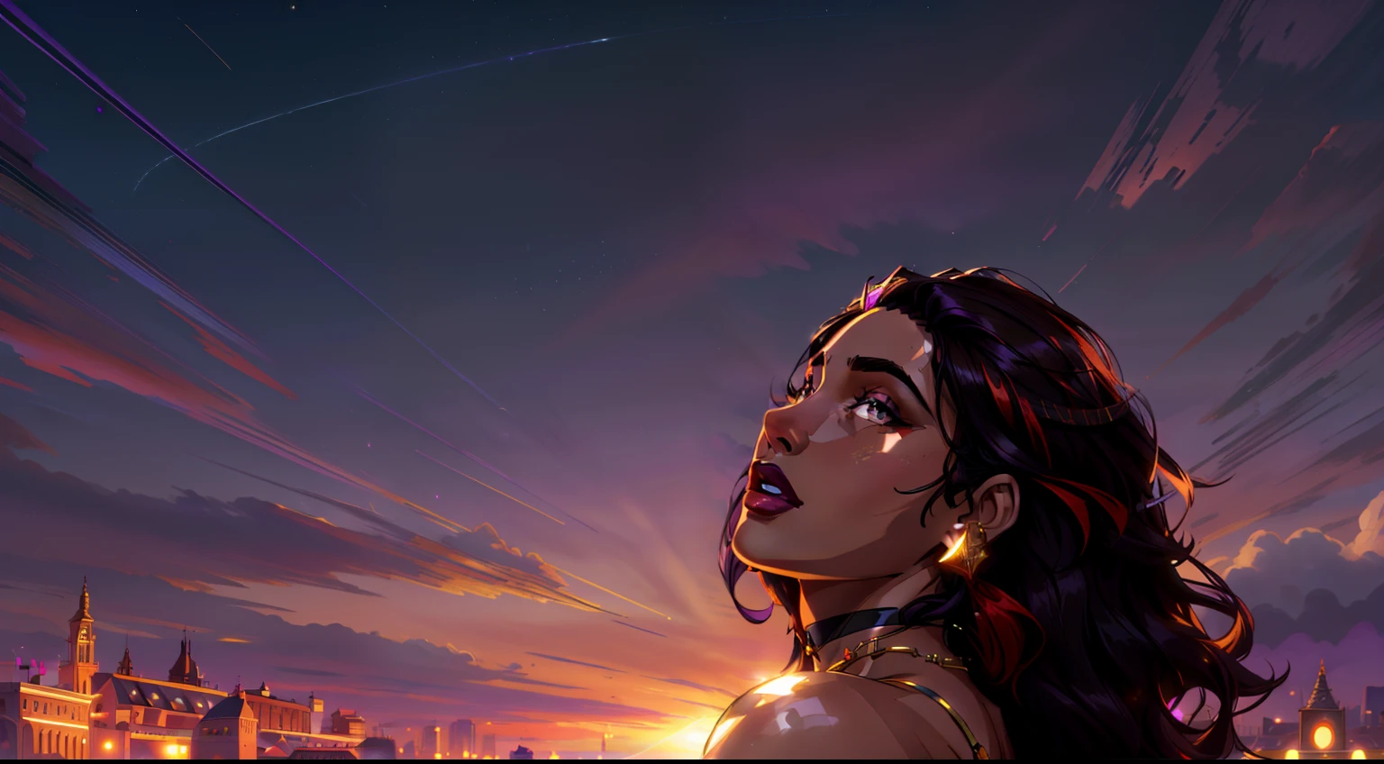 (absurdres, highres, ultra detailed), 2d, cheDark Fantasy,(masterpiece, best quality, ultra-detailed, highres, best illustration),perfect face, ((solo, solo focus)),sidelighting, lustrous skin,(bloom), (shine), ray tracing,1girl, solo, fair skin, jewelry, necklace, fair-skinned female, multicolored hair, lips, purple hair, upper body, brown eyes, breasts, bare shoulders, hair ornament, makeup, long hair, black hair, very dark skin, dreadlocks,depth_of_field, city background,very detailed background,extreme light and shadow,(detailed eyes), (beautiful) beautiful detailed eyes, perfect lighting , perfect anatomy,(extremely detailed illustrated 8k wallpaper),(masterpiece), (best quality), (ultra-detailed), (best illustration),(best shadow), vivid colors, portrait, shoulder, half body