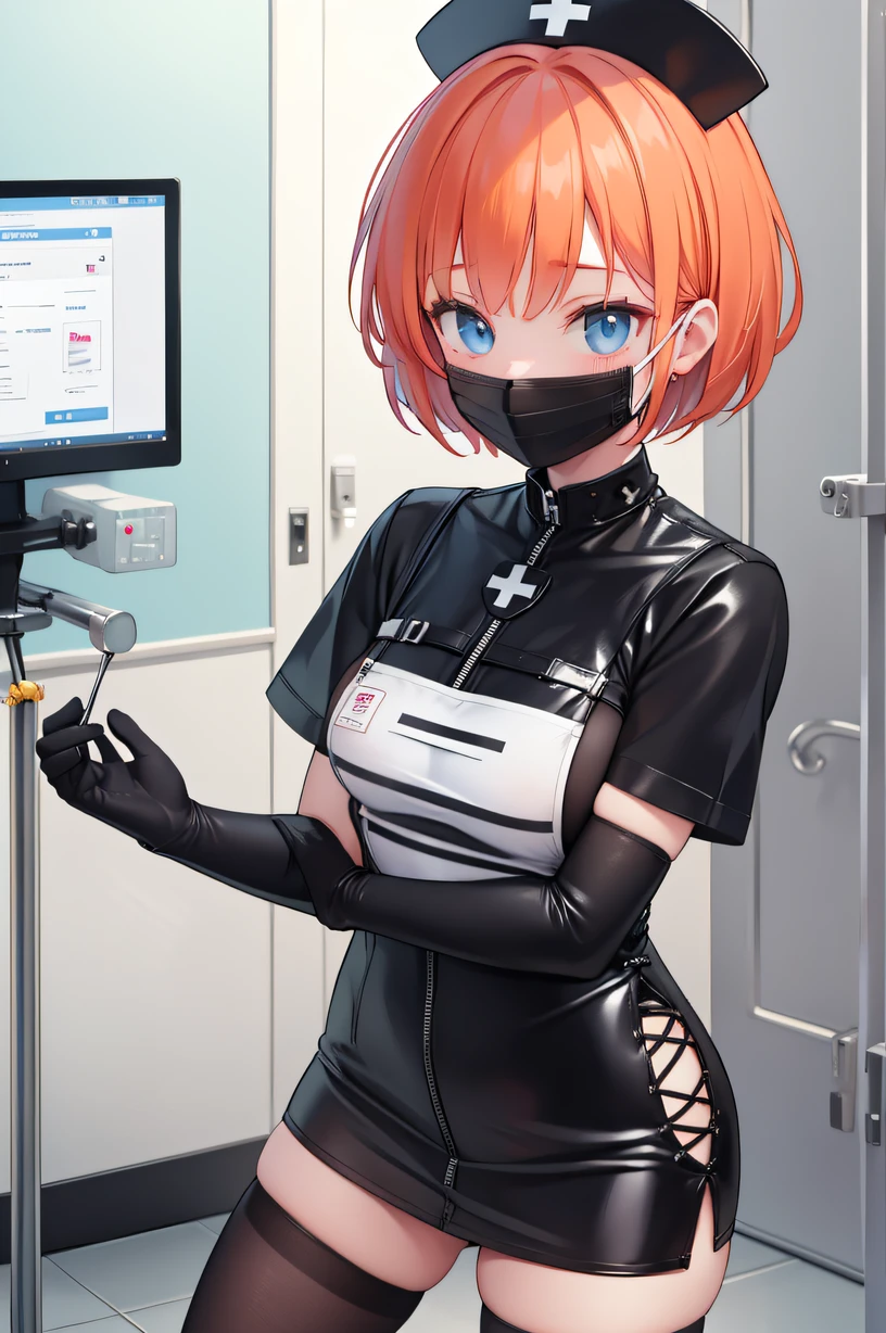 black nurse, 1girl, solo, black nurse cap, black wear, ((black legwear, zettai ryouiki)), black elbow gloves, very short hair, orange hair, ((black surgical mask, covered nose)), standing, ((surgery room)), sharp outline, short sleeves, tomboy, boyish, best quality, masterpiece