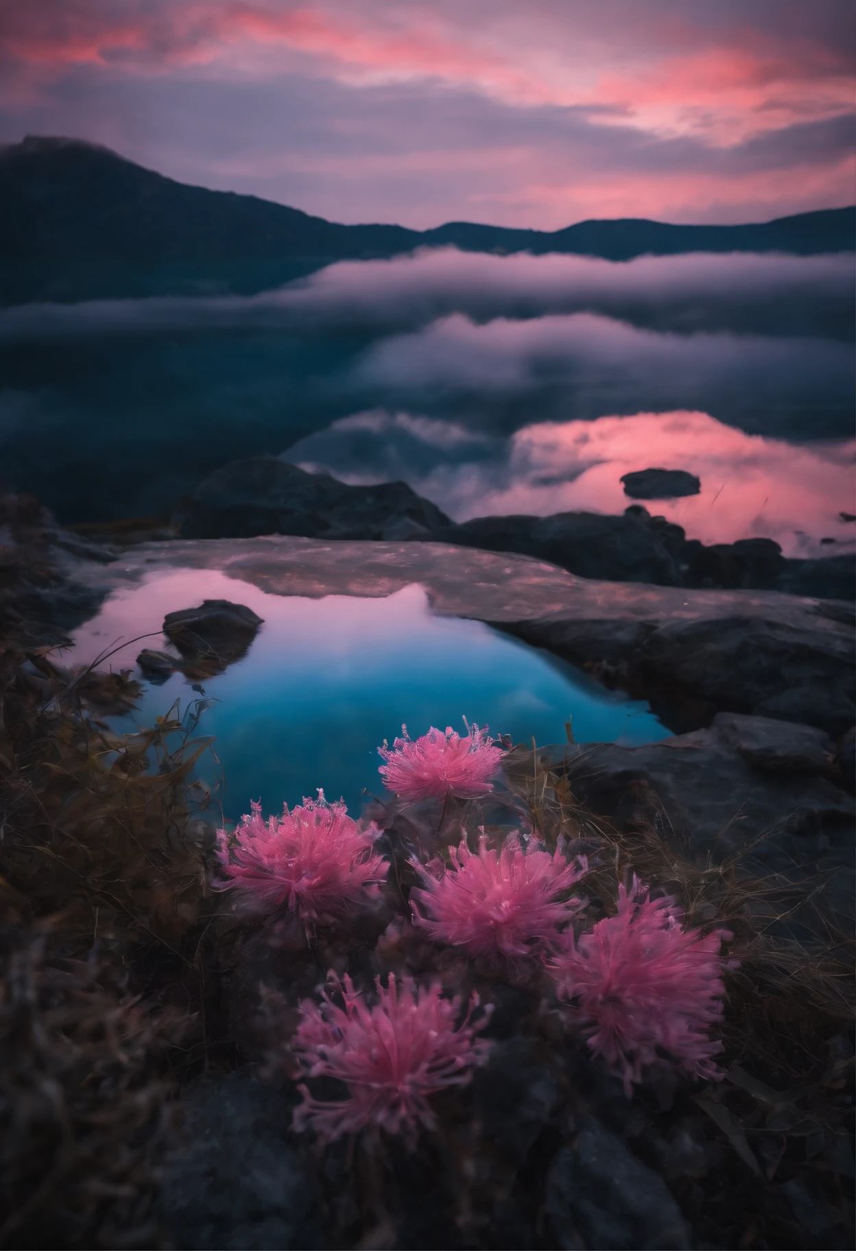 horizon, blue flower rain, fire painting,transparent blue lake,pink coral,extra-wide vision,best quality,official art