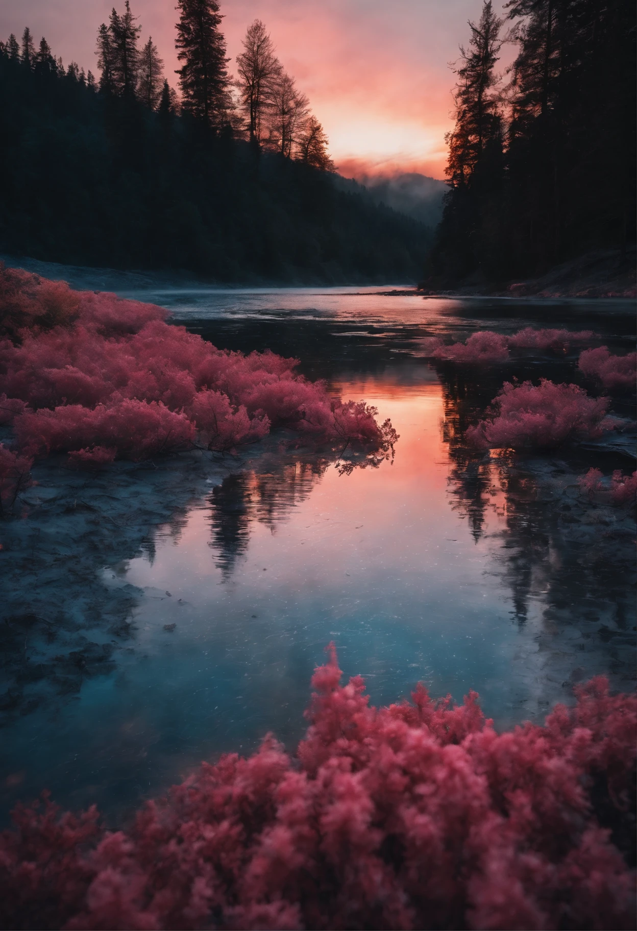 horizon, blue flower rain, fire painting,transparent blue lake,pink coral,extra-wide vision,best quality,official art