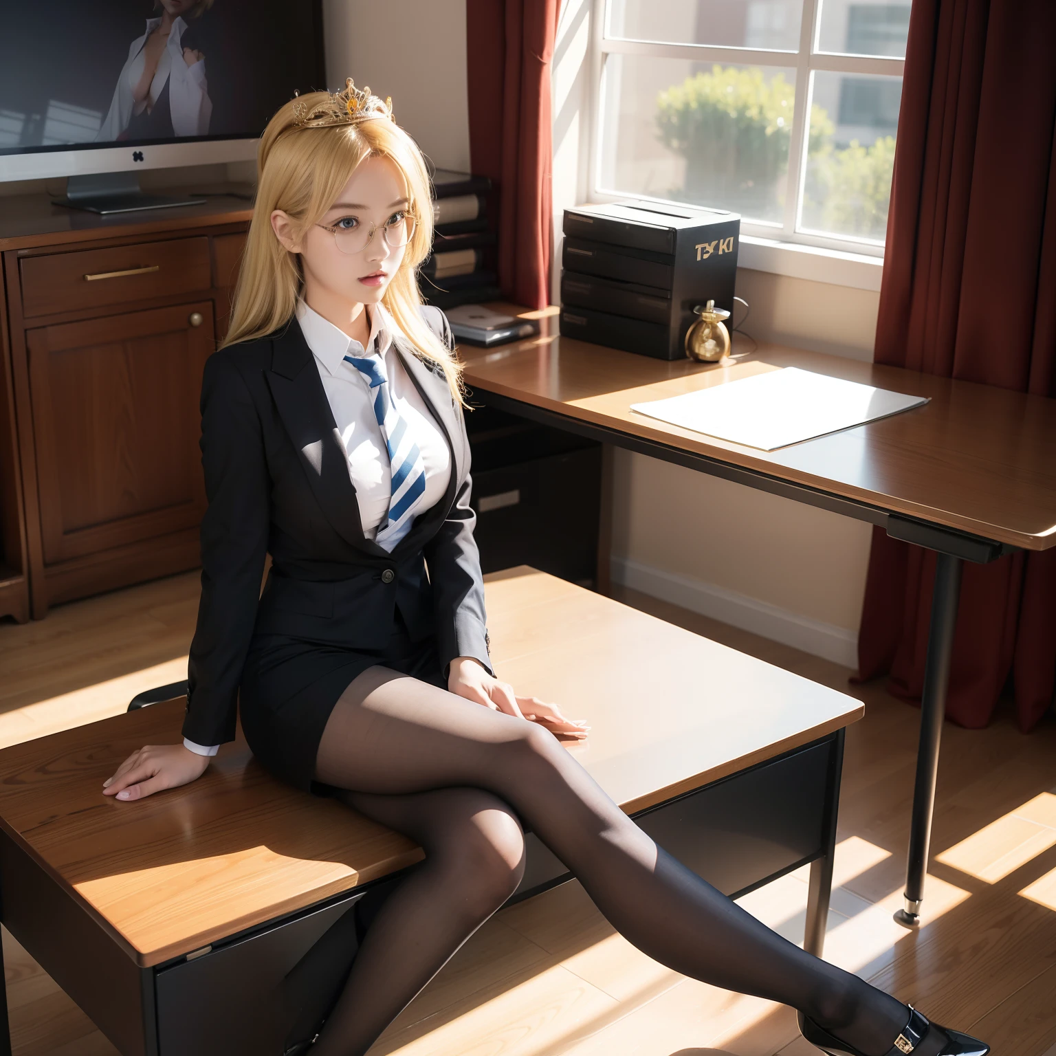 "anime girl, 1 person, blonde hair, glasses, crown, women's shirt, suit, tie, office clothes, front view, big breasts, tights, sitting on desk  , bright sky, sitting cross-legged, high heels, (full HD 4K+ image)"