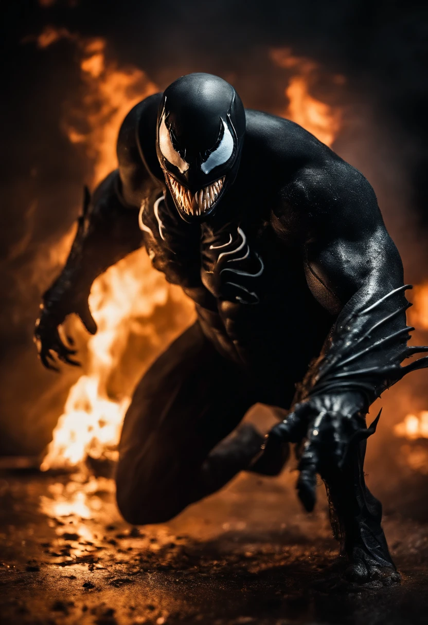 Venom in slime form combined with Batman, evil, enemy, black torn Cape, dark scene, smoke, fire
