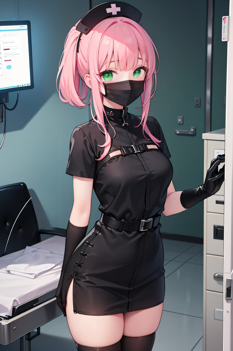 black nurse, 1girl, solo, black nurse cap, black wear, ((black legwear, zettai ryouiki)), black elbow gloves, pink hair, green eyes, drooping eyes, ((black surgical mask, covered nose)), standing, ((surgery room)), sharp outline, short sleeves, best quality, masterpiece