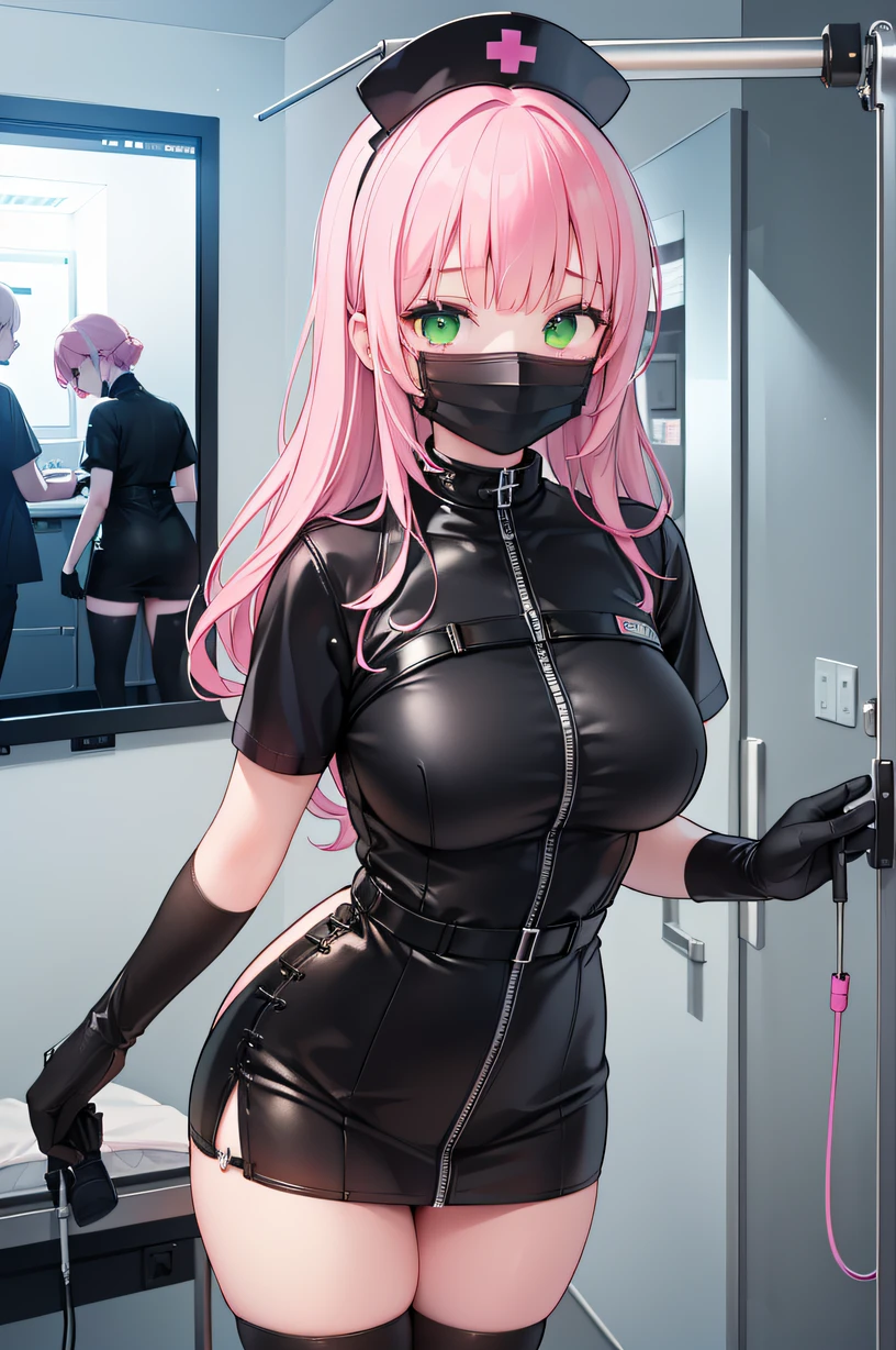 black nurse, 1girl, solo, black nurse cap, black wear, ((black legwear, zettai ryouiki)), black elbow gloves, pink hair, green eyes, drooping eyes, ((black surgical mask, covered nose)), standing, ((surgery room)), sharp outline, short sleeves, best quality, masterpiece