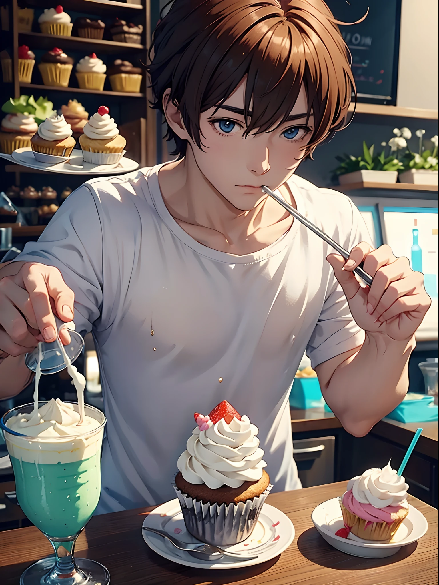 anime man, eats beautiful and delicious cupcakes, drinks milkshakes with cream