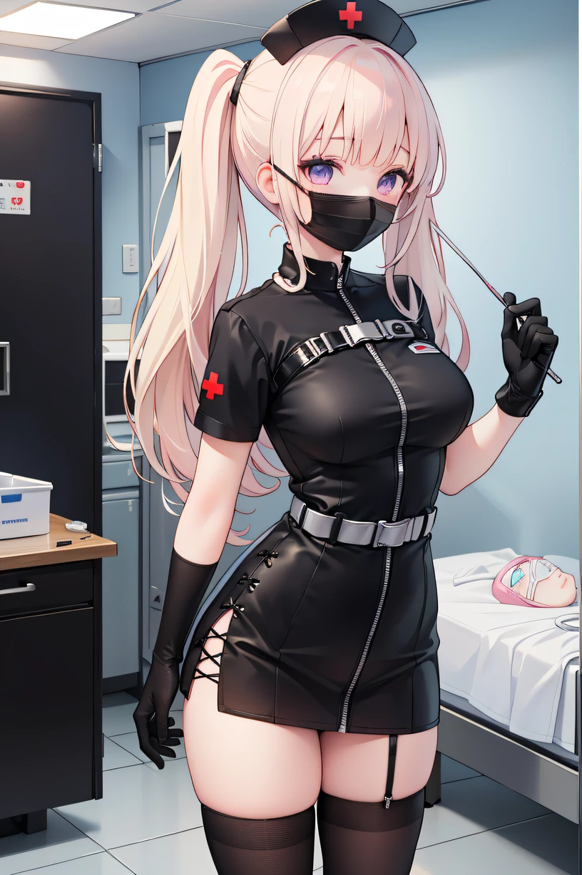 black nurse, 1girl, solo, black nurse cap, black wear, ((black legwear, zettai ryouiki)), black elbow gloves, twintails, yellow hair, purple eyes, ((black surgical mask, covered nose)), standing, ((surgery room)), sharp outline, short sleeves, best quality, masterpiece