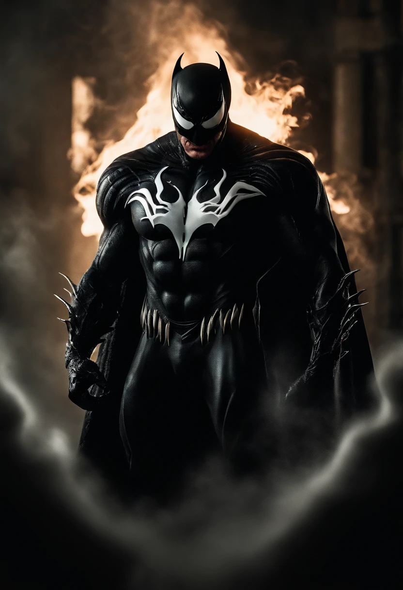 Venom in slime form combined with The Dark Knight, evil, enemy, black torn Cape, dark scene, smoke, fire