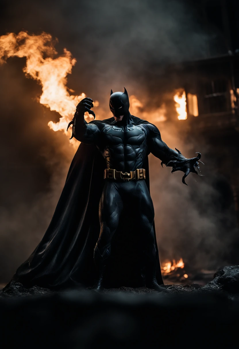 Venom in slime form combined with Batman, evil, enemy, black torn Cape, dark scene, smoke, fire, venom Bat symbol on chest,