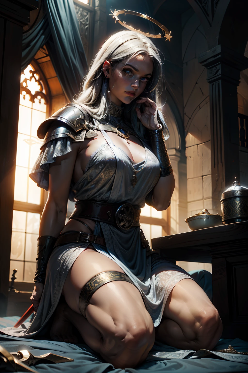 low-up angle, de baixo, Paladin Templar Senhora em Tabardo branco, legwear, olhos amarelos brilhantes, colar, Chainmail dourado, quadris largos, barefoot, Asas de Anjo, pauldrons, halo, corte de bob, louro, foco ocular, capa vermelha, templo dentro de casa, decorations, vitrais, Noite, particuls, chromatic aberration, circunstanciado, cinemactic, cena escura, fantasia, sem calcinha, visible , olhos azuis ( best quality, masterpiece, detailed, aesthetic)
Viking rainha, oil painting, black horns, dark warpaint, cinematic lighting, intense mood, Viking Axe, dark fantasy, gothic horror
