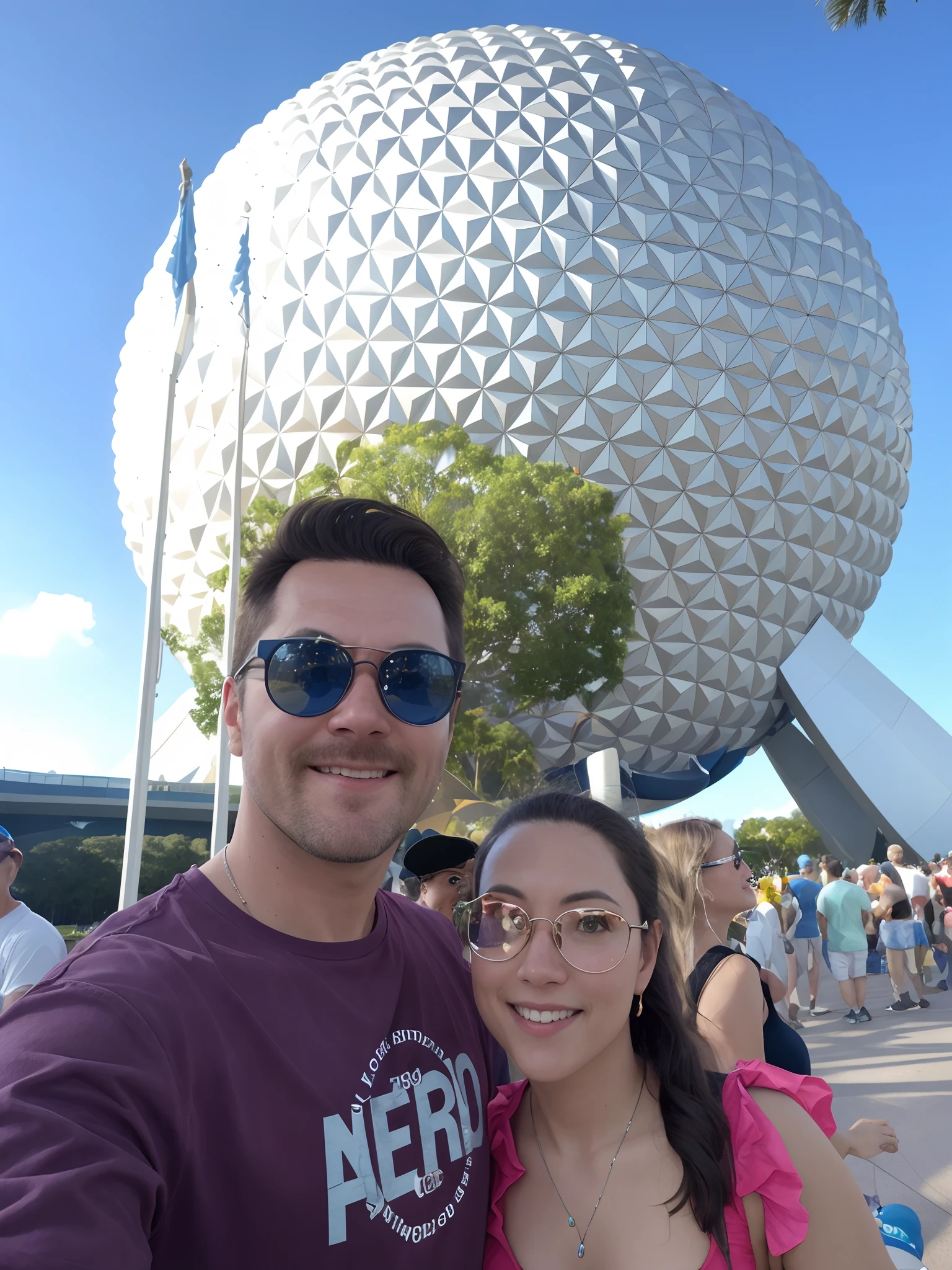 They are posing for a photo in front of a large ball, Epcot, mundo Disney, vacation photo, Walt Disney Mundo, EUA-Set 20, Disney 8 k foto, Fotografia tirada em 2 0 2 30, Post - Epcot Apocalyptic Center, Disney