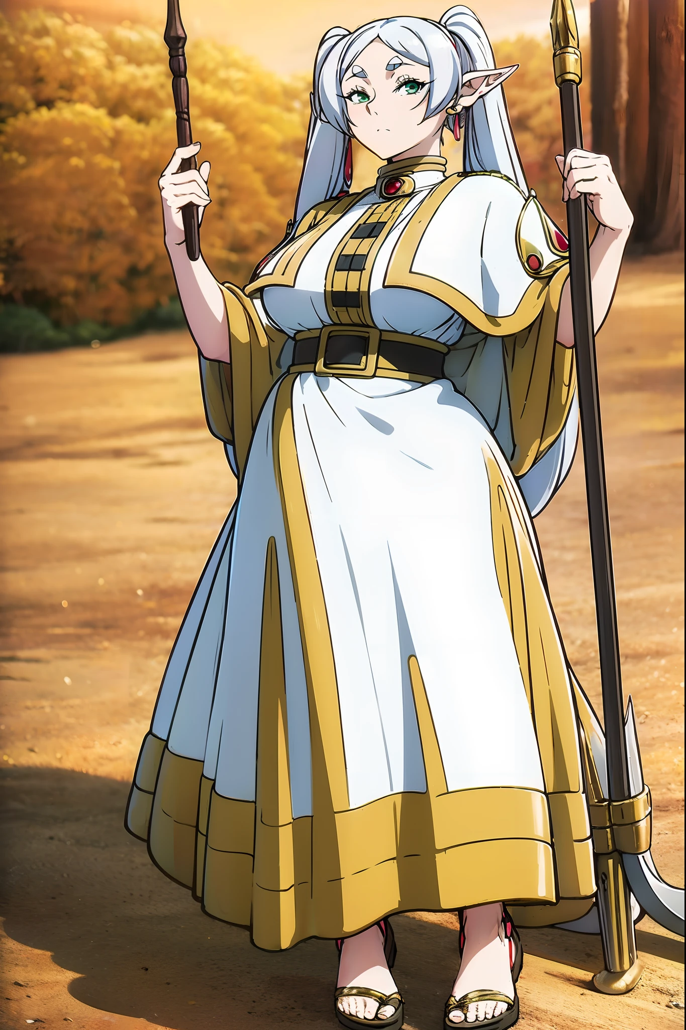 frieren, 1girl, earrings, elf, long hair, pointy ears, solo, twintails, green eyes, white hair, looking at viewer, full body, flipflops, bimbo, curvy, huge breasts, staff holding, oil painting, fantasy, vibrant colors, soft lighting