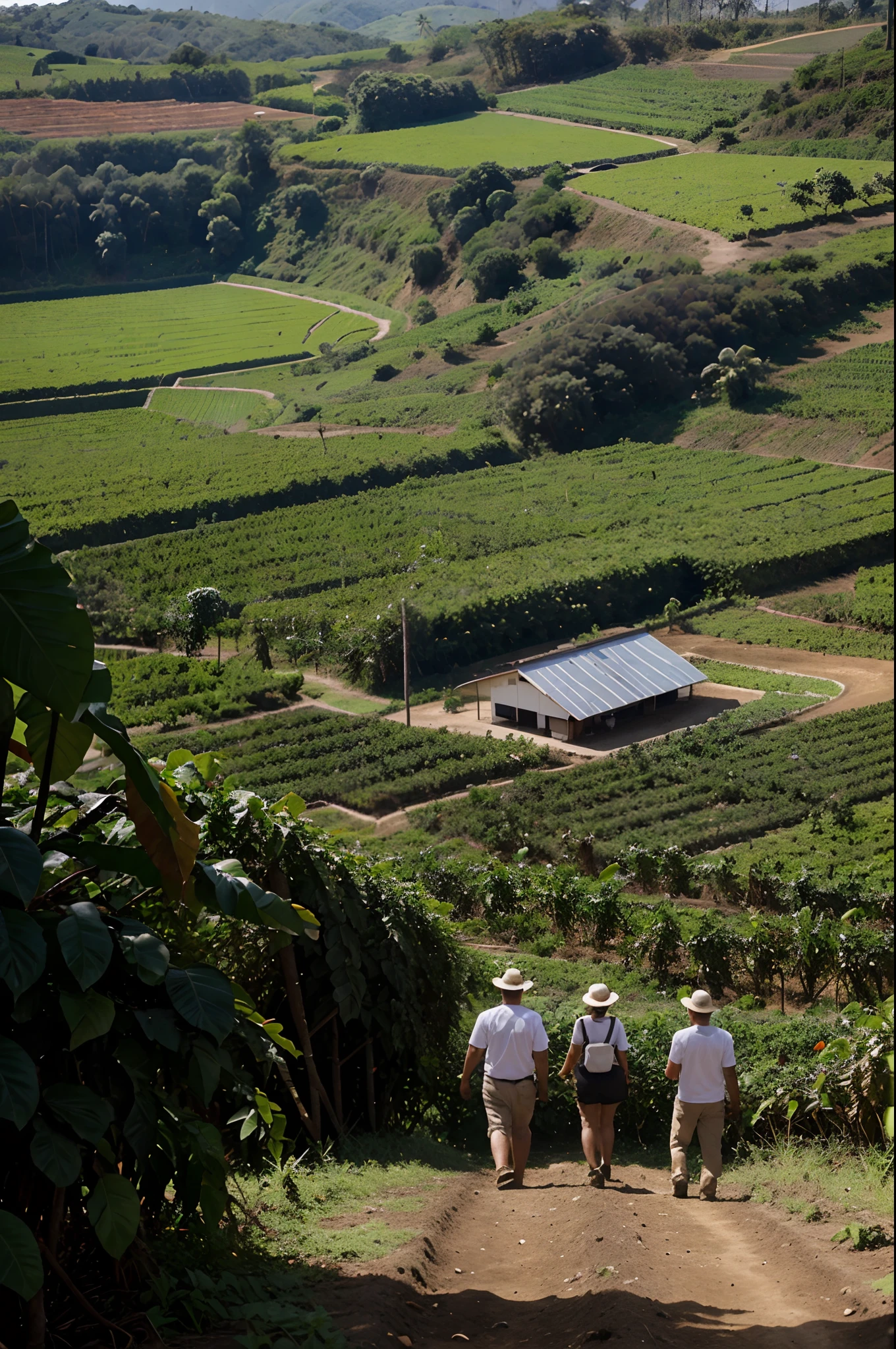 Draw a Coffee Farm, no telhado da fazenda, as placas fotovoltaicas captam a energia solar. In the background, a tour guide leads a group of 3 visitors through the coffee plantation and a farmer takes care of the plantation.