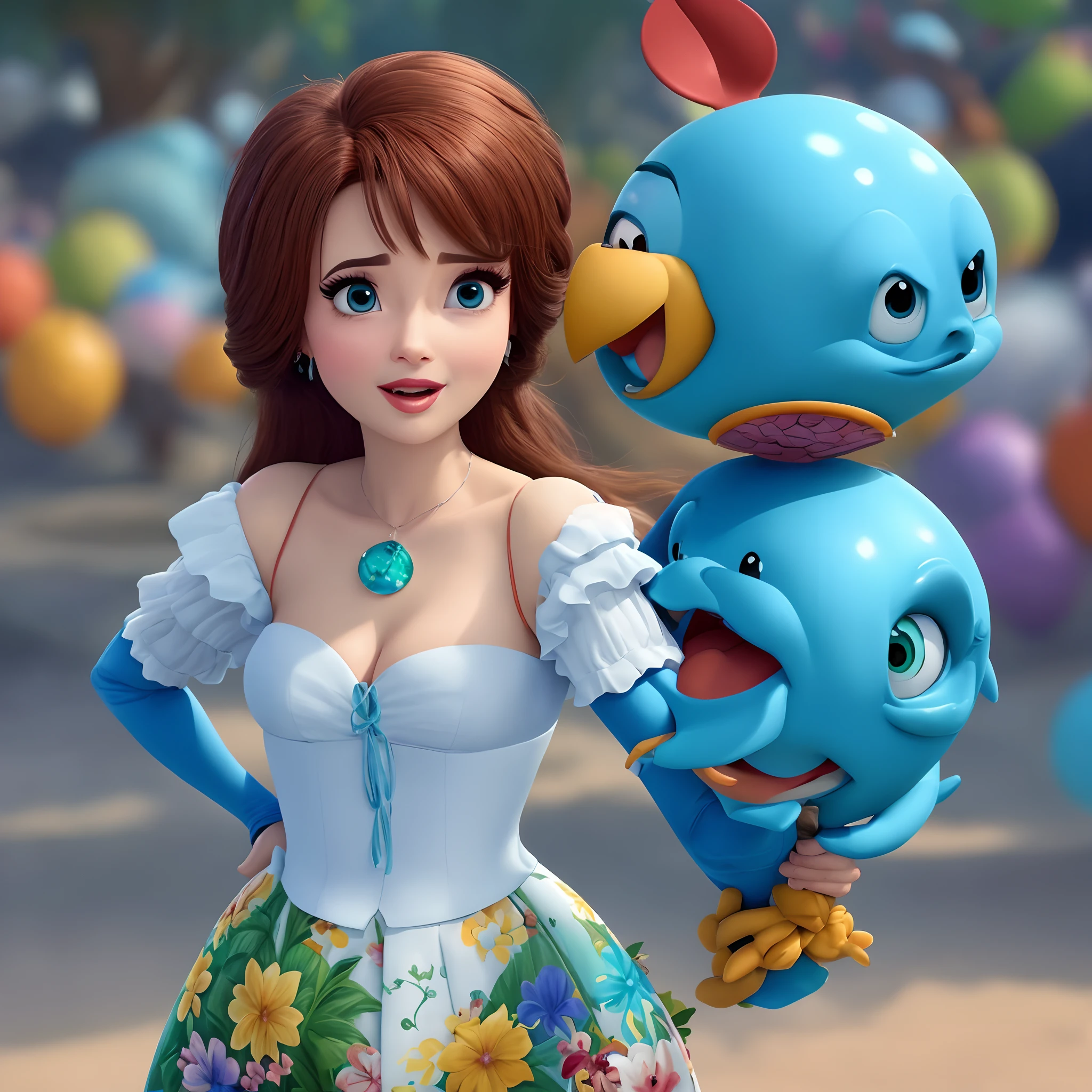Mulher segurando um kokedama no estilo disney pixar