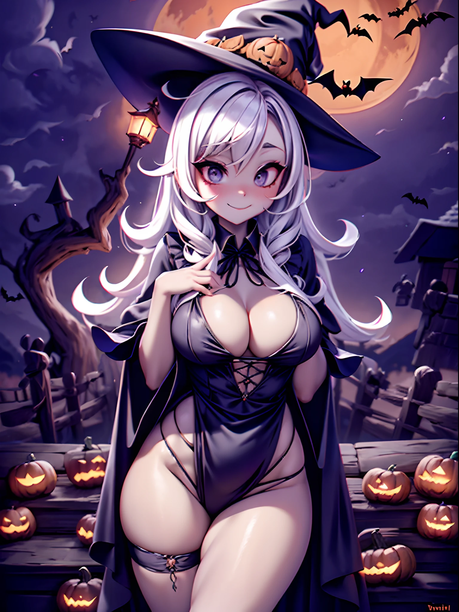 A Sexy Witch(wearing witch robe and hat), a full moon, a witch house, Jack-o'-lantern,bat,and a mysterious image,halloween. It's night but it's bright