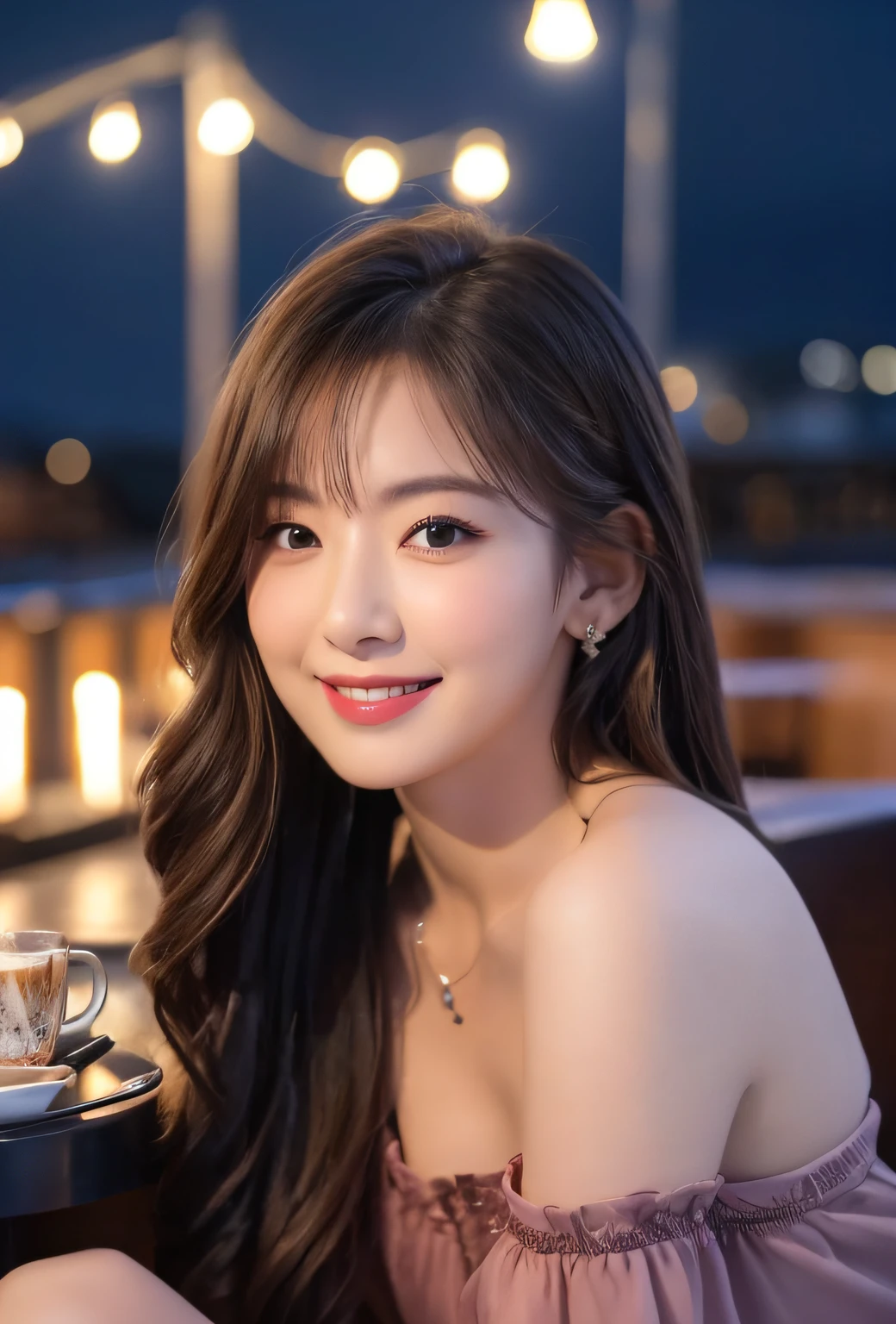 (8k, top quality, masterpiece: 1.2), (realistic, photorealistic: 1.37), super detailed, girl single, cute, solo, midnight, beautiful detailed sky, detailed café, sitting, date, (blush), (smile: 1.15), small breasts (mouth closed), beautiful fine eyes, floating hair NovaFrogStyle, back open dress